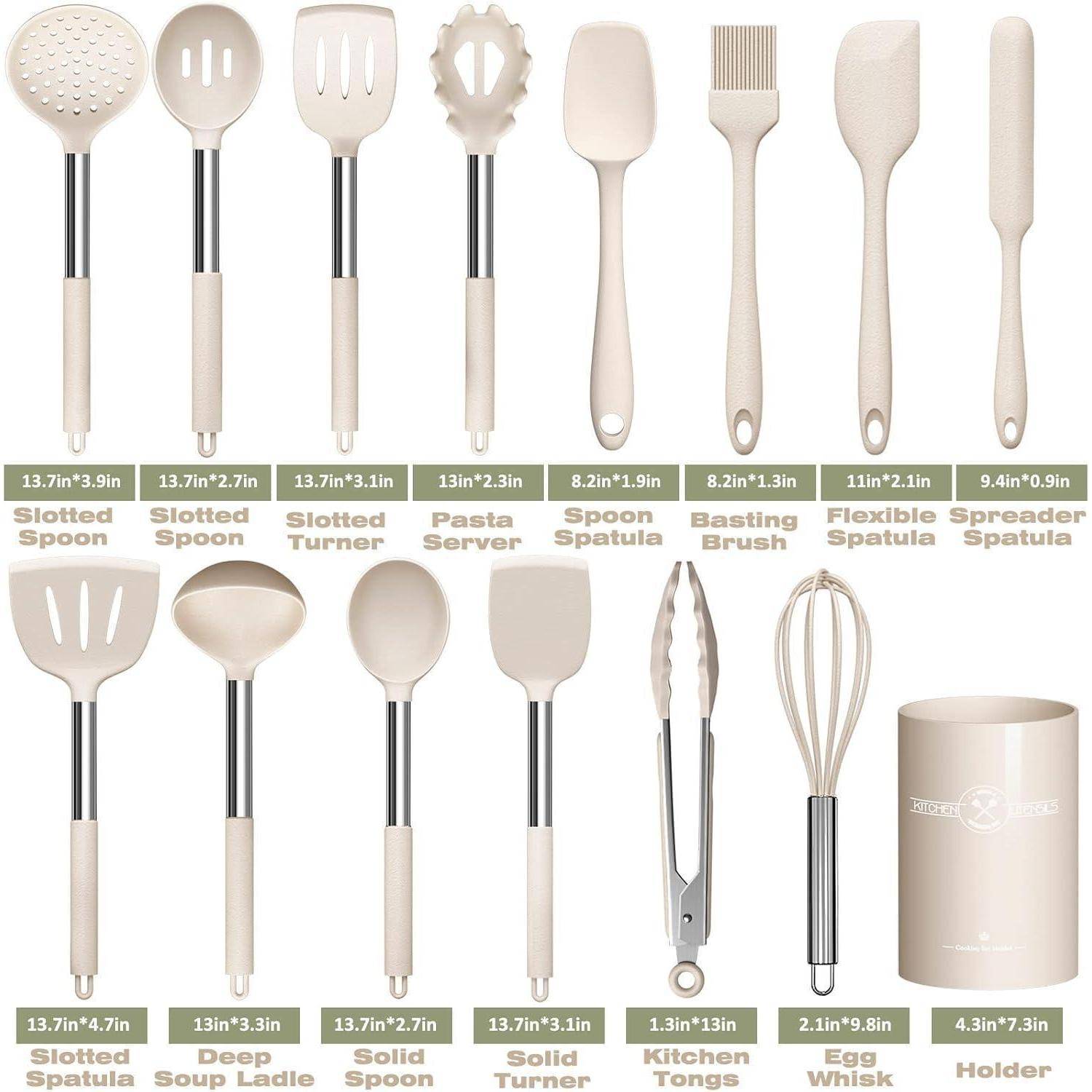 Illustriertes Set aus beigen Silikon-Küchenutensilien, einschließlich Löffel, Wender, Spachteln, Pastaheber, Löffelbürste, Zange, Schneebesen und Halter, jeweils mit Größenangabe gekennzeichnet.