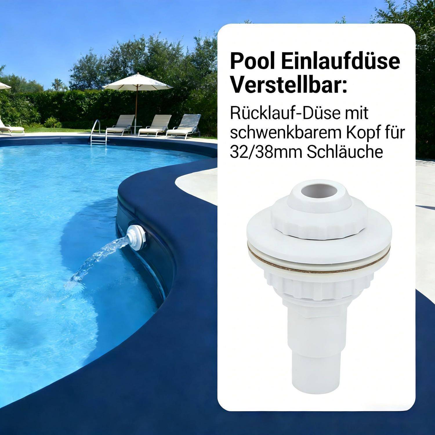 Werbedarstellung einer Pooleinlaufdüse mit einer weißen verstellbaren 