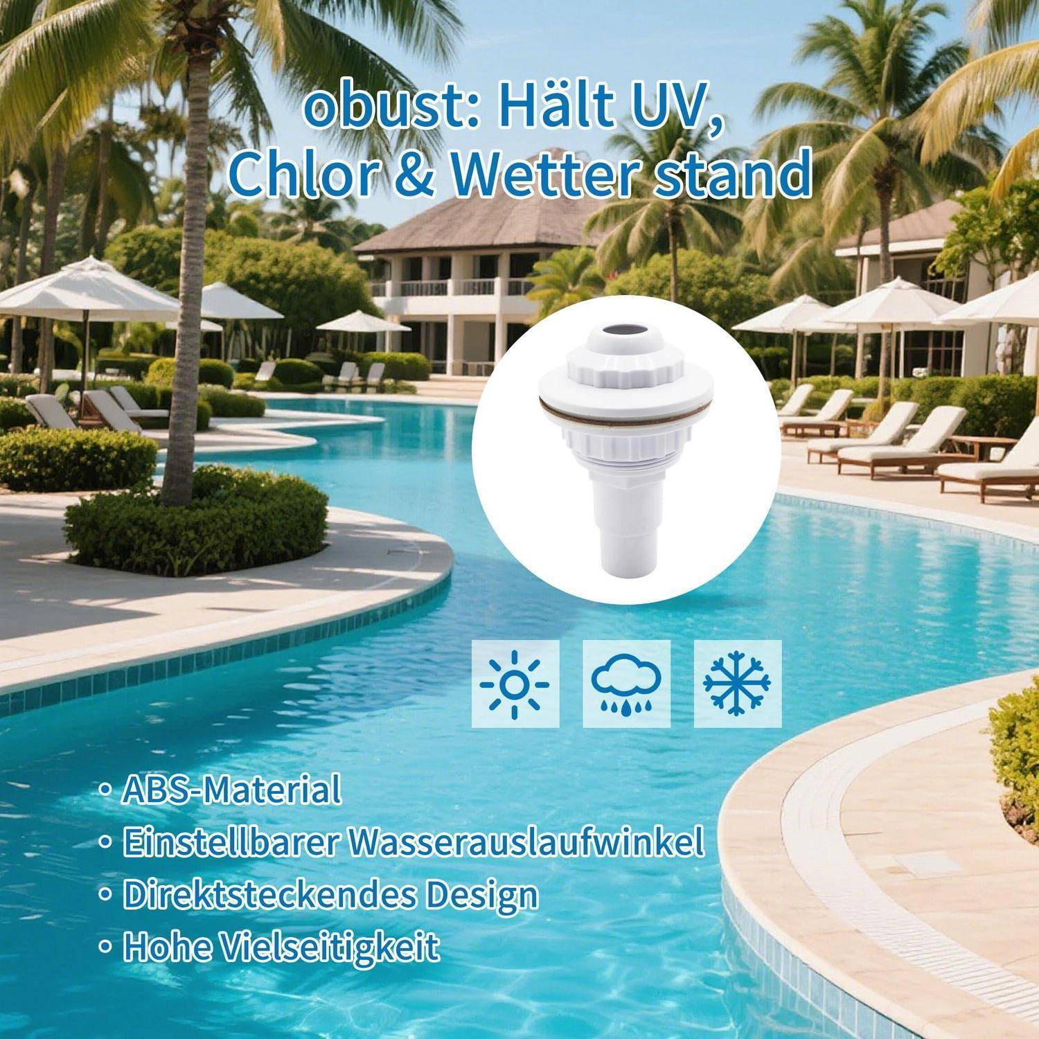 Poolside-Produktanzeige mit einer weißen verstellbaren Sprühdüse; Text besagt „Robust: Hält UV, Chlor & Wetter stand