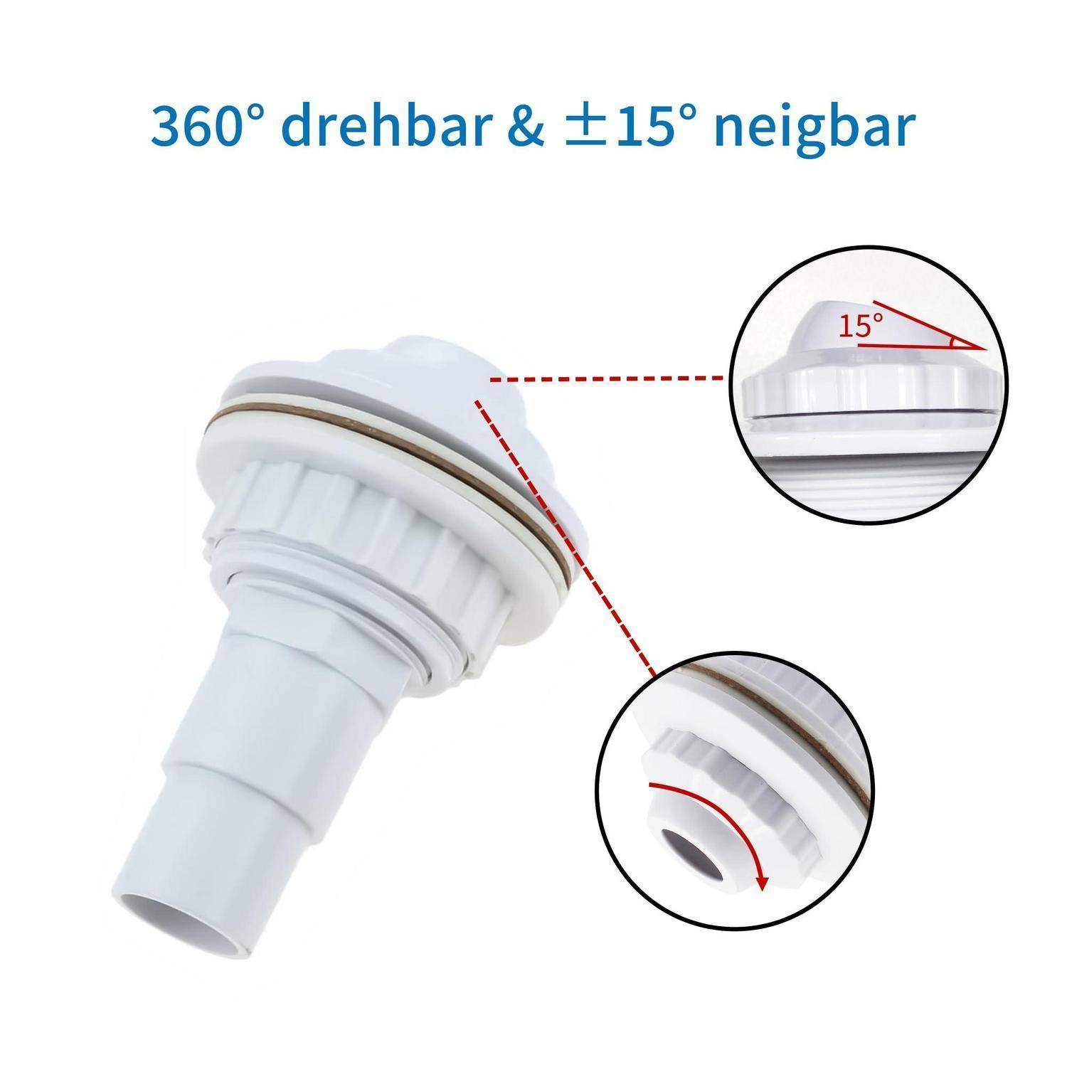 Diagramm einer weißen verstellbaren Verbindung mit der Bezeichnung „360° drehbar & ±15° neigbar