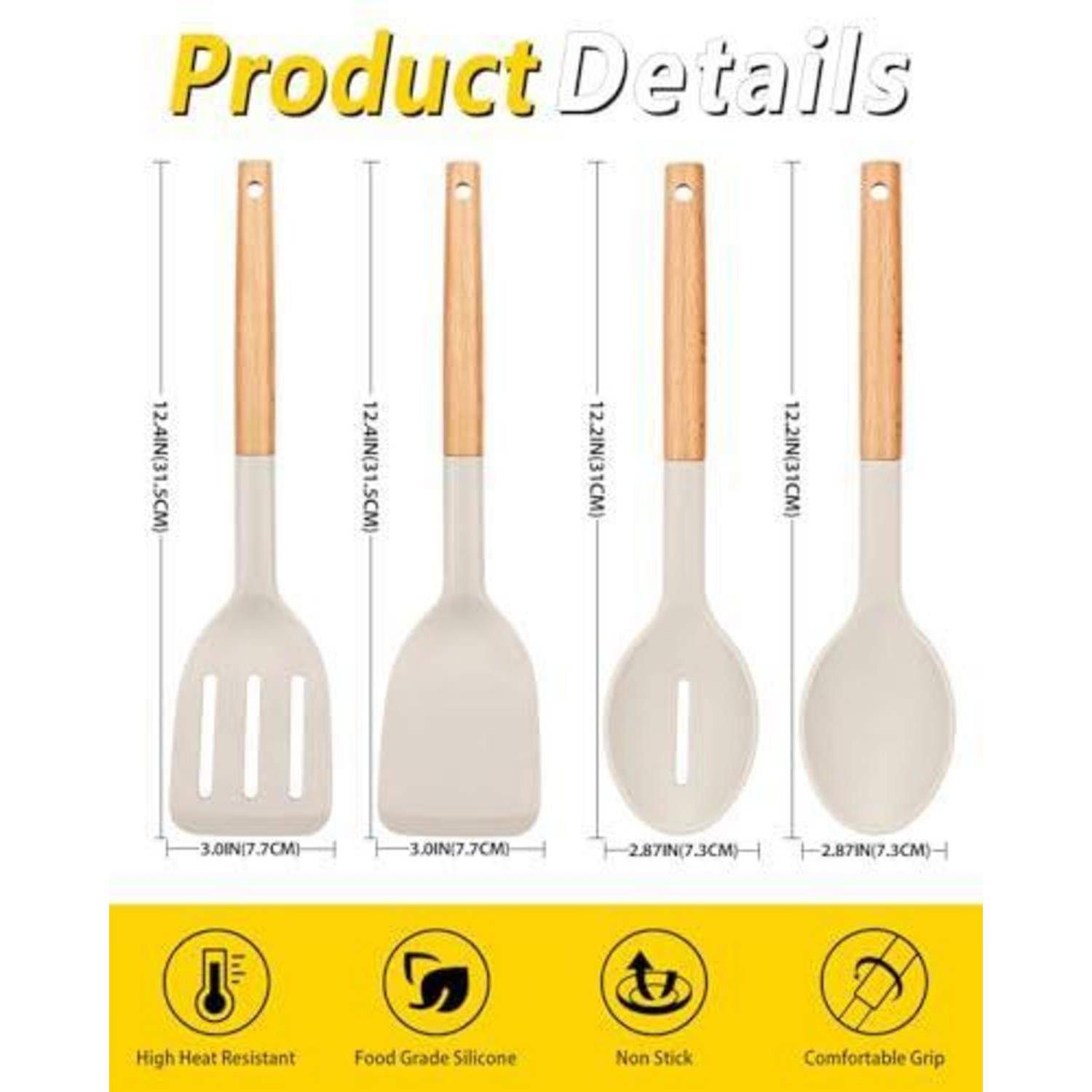 Produktdetails-Grafik mit vier Silikon-Küchenutensilien mit Holzgriffen und Abmessungen, gekennzeichnet mit hitzebeständig bis hohe Temperaturen, lebensmittelecho Silikon, antihaftbeschichtet und ergonomischer Griff.