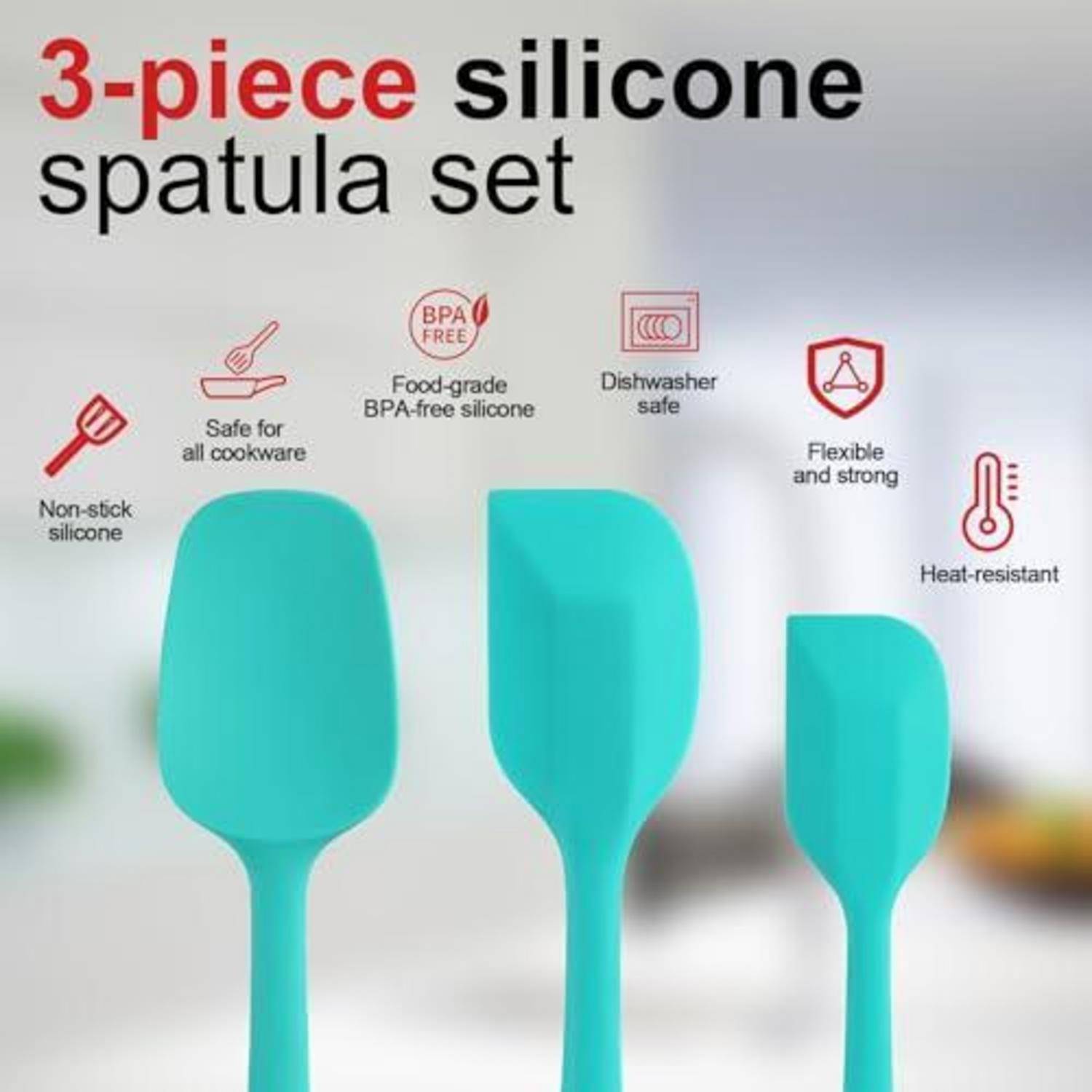 Werbebild eines 3-teiligen Silikon-Spachtel-Sets, das drei türkisfarbene Spachtel und Symbole für BPA-frei, spülmaschinenfest, hitzebeständig, flexibel und antihaftbeschichtet zeigt.