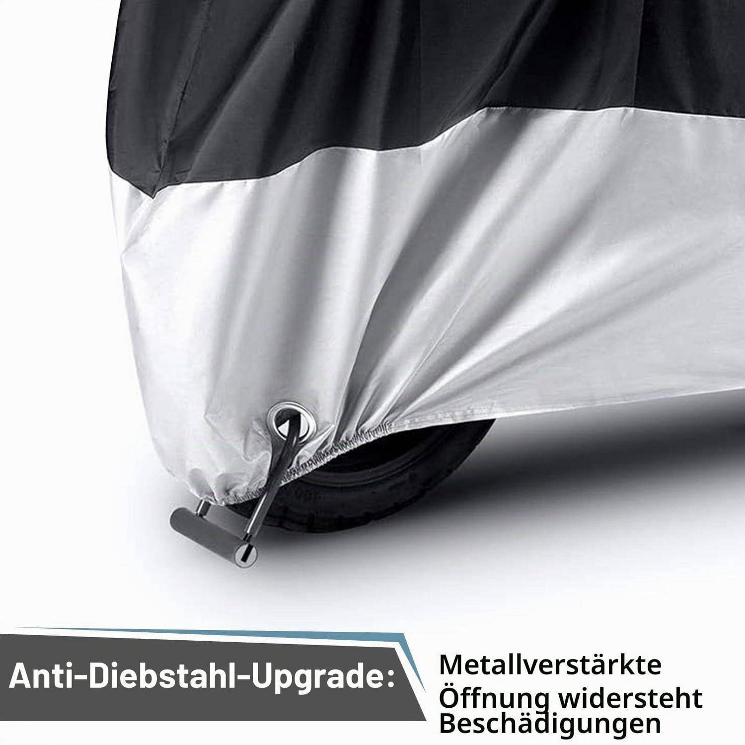 Schutzkfz-Abdeckung mit metallverstärkter Öffnung um ein Rad; Deutscher Text lautet „Anti-Diebstahl-Upgrade" und „Metallverstärkte Öffnung widersteht Beschädigung"".