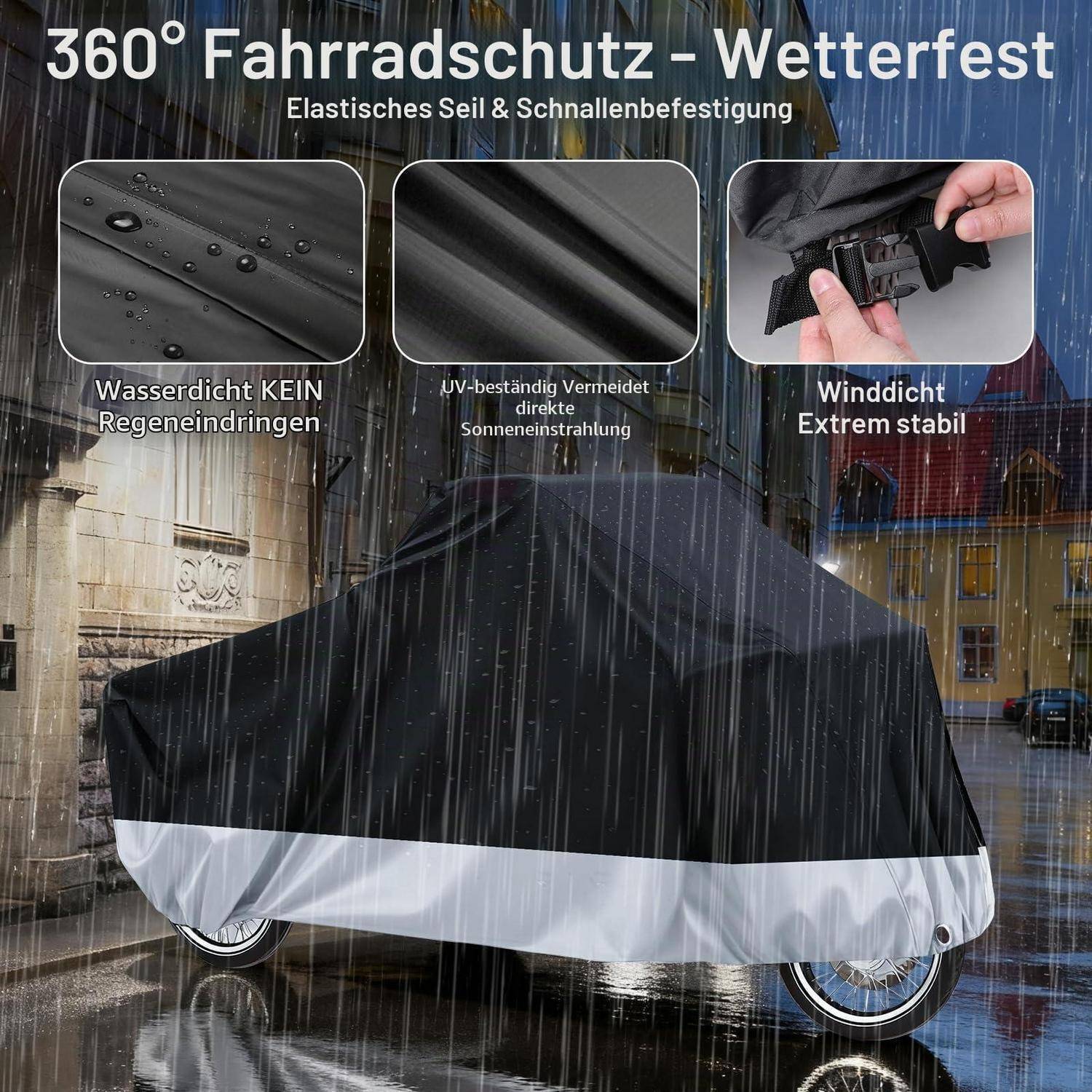 Schwarzweiße 360°-Fahrradvcover im Regen, wobei wasserdichter, UV-beständiger Stoff und elastische Riemenschnalle für sichere, windundurchlässige Passform hervorgehoben werden.