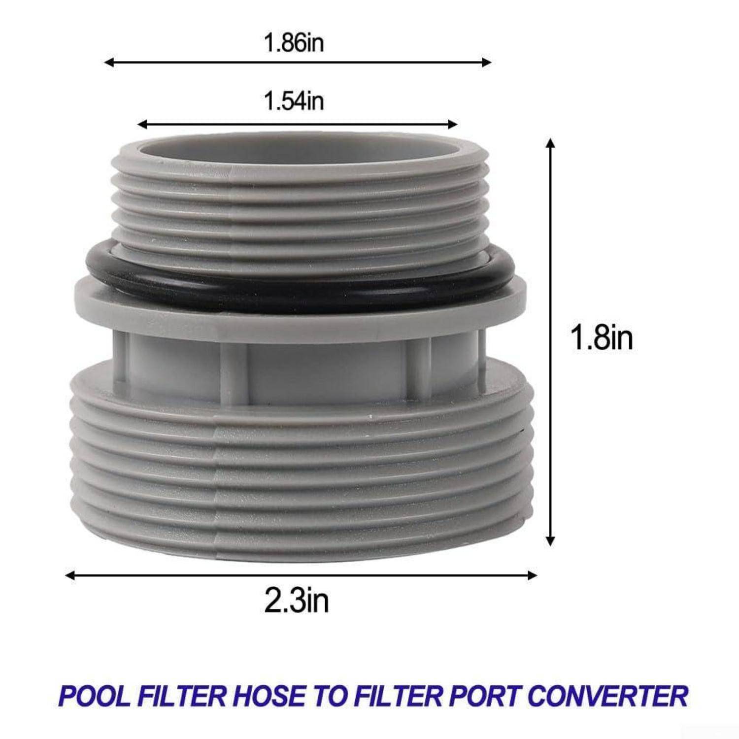 Grauer Gewinde-Poolfilter-Schlauch-zu-Filteranschluss-Adapter mit Abmessungen: 2,3 Zoll breit, 1,8 Zoll hoch, 1,86 Zoll oberer Durchmesser, 1,54 Zoll innere Öffnung.