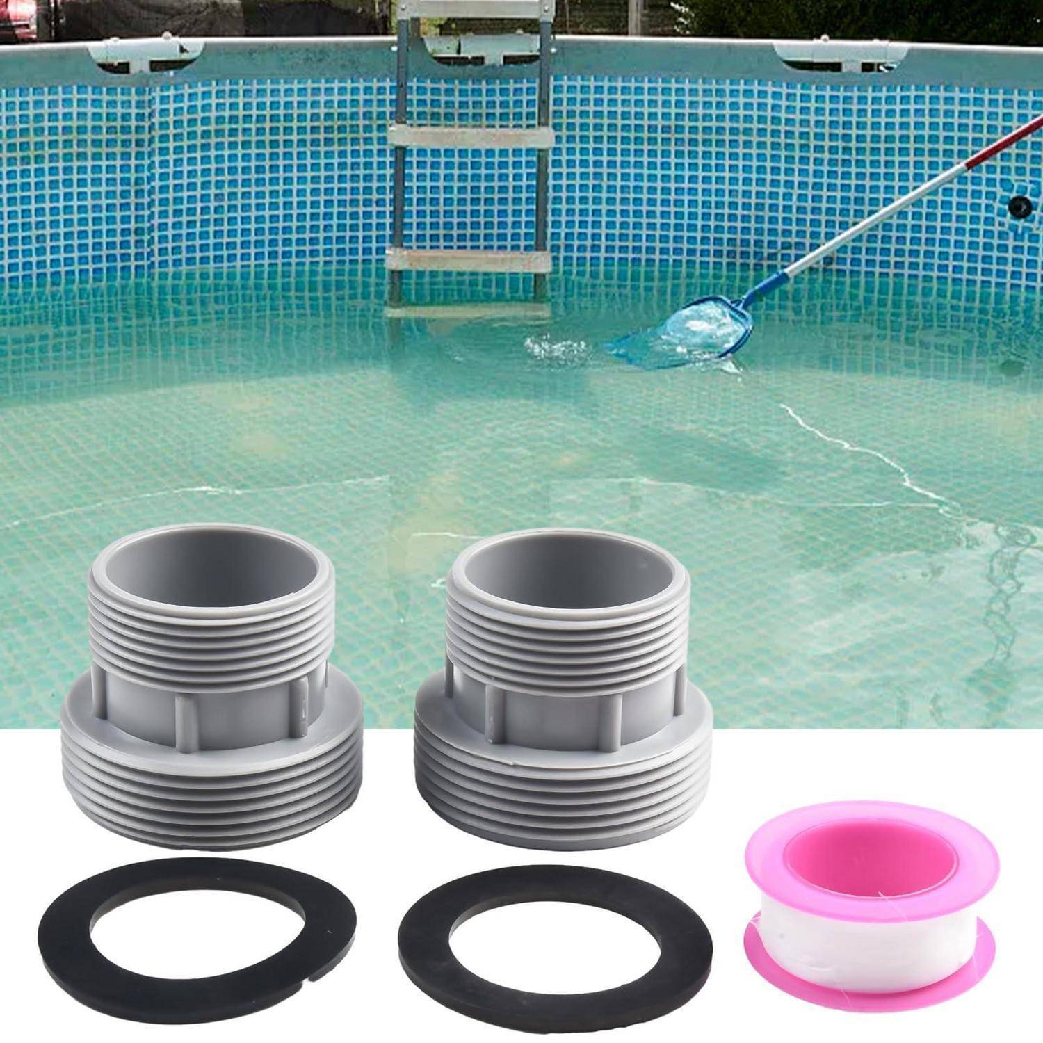 Poolwartung Bild zeigt ein Kescher-Netz, das trübes Poolwasser reinigt, mit drei Gewindeadaptern für Rohre und zwei schwarzen Dichtungen sowie einem rosa-weißen Dichtungsring, die unten angezeigt werden.