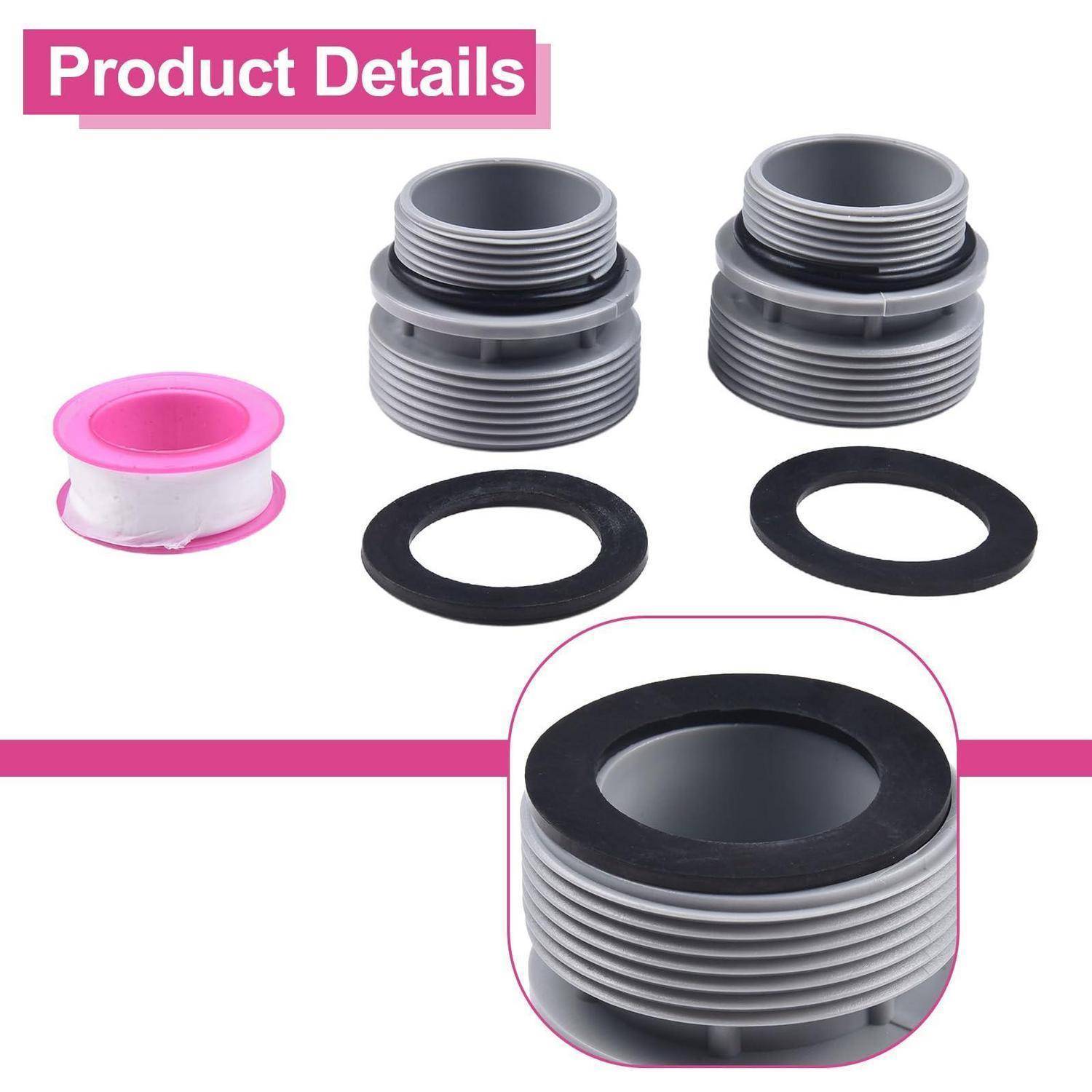 Produktdetailbild mit zwei Gewinde-Rohrverschraubungen aus grauem Kunststoff, zwei schwarzen Ringen, einer rosa PTFE-Gewindedichtband-Rolle und einer Nahaufnahme einer Verschraubung mit schwarzem Dichtungsring.