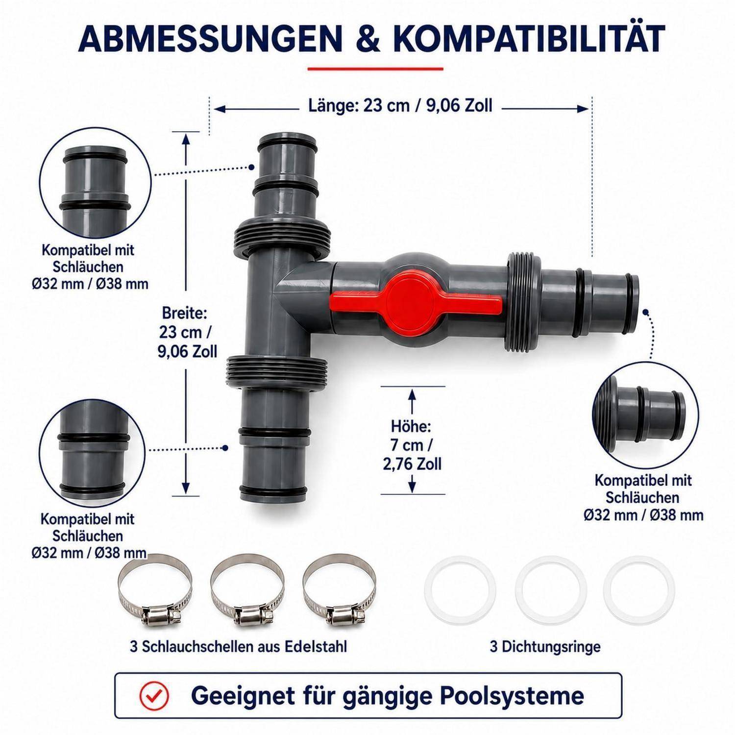 Diagramm eines Poolschlauch-Verbinders mit den Abmessungen 23 cm Länge, 23 cm Breite und 7 cm Höhe, kompatibel mit 32 mm und 38 mm Schläuchen, mit 3 Edelstahlschellen und 3 Dichtungsringen im Lieferumfang enthalten.