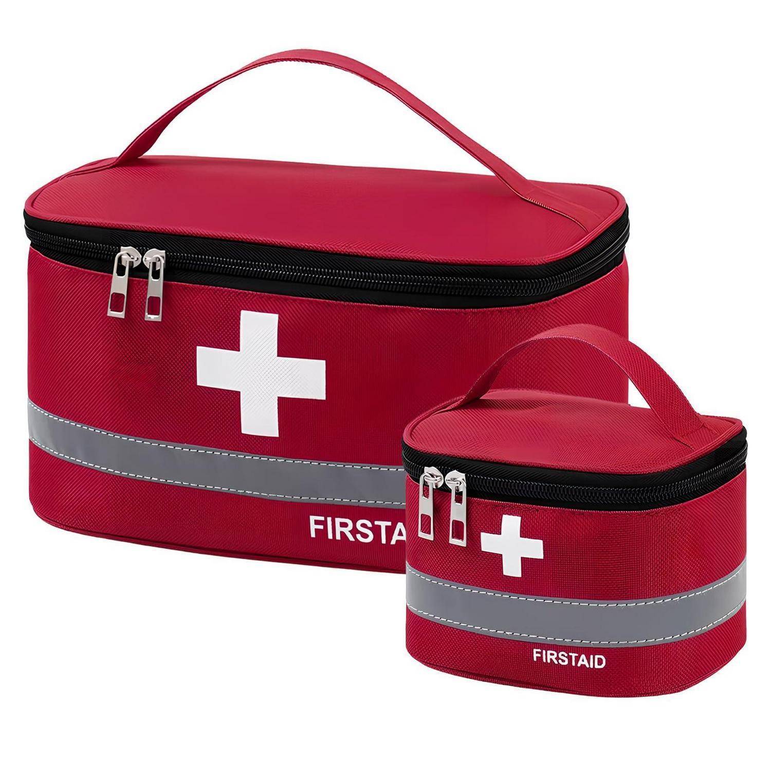 Rote Erste-Hilfe-Taschen mit weißen Kreuzsymbolen und Reißverschlussgriffen, gezeigt in großen und kleinen Größen.