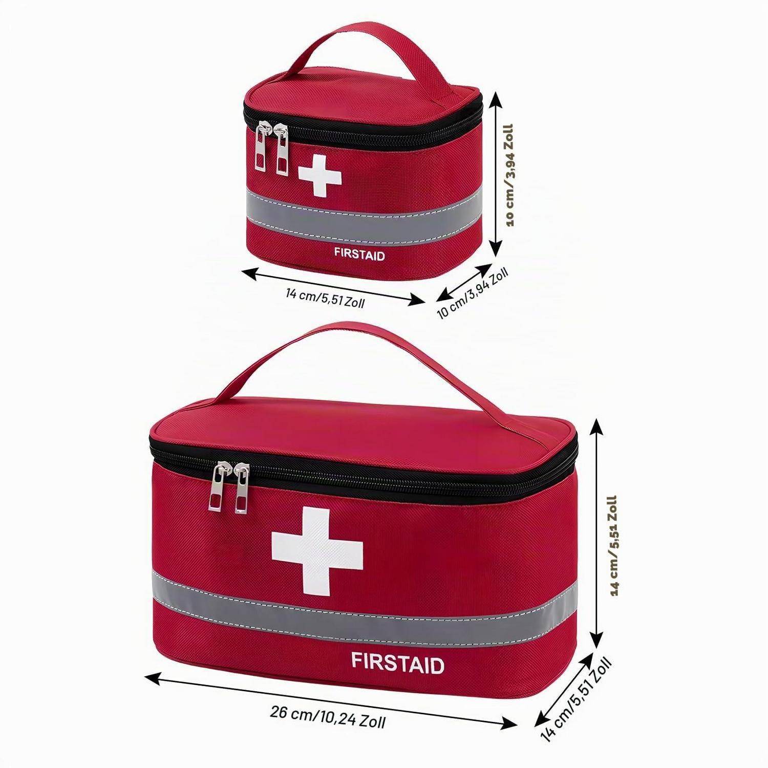 Rote Erste-Hilfe-Tasche in zwei Größen dargestellt, mit Griff, Reißverschluss, reflektierendem Streifen und weißem Kreuz; Abmessungen auf beiden Modellen gekennzeichnet.