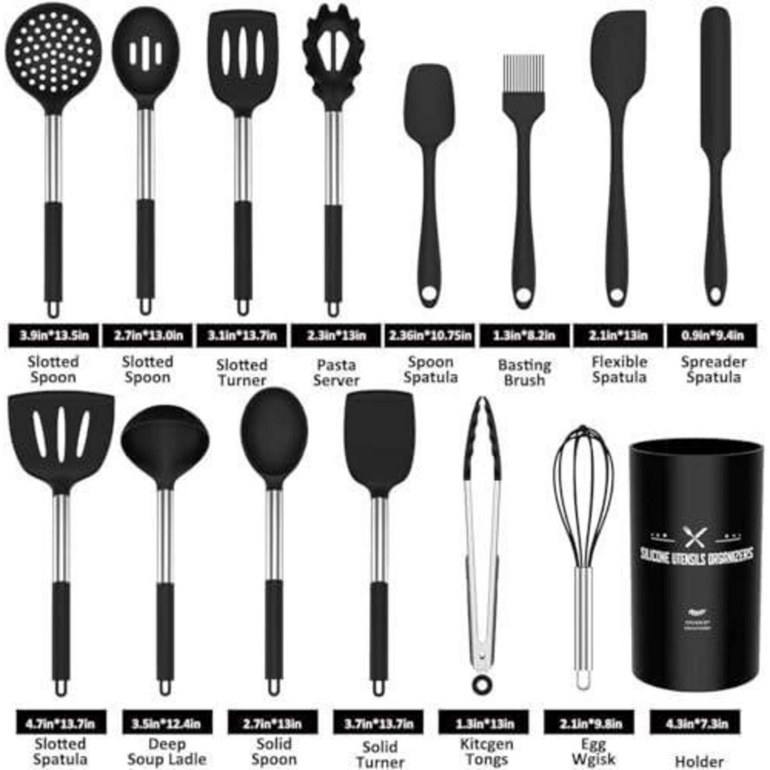 Schwarzes Silikon-Küchenbesteck-Set mit 12 Werkzeugen, darunter Schaumkellen, Wender, Pastaheber, Spachteln, Bürste, Zange, Schneebesen und Halter.