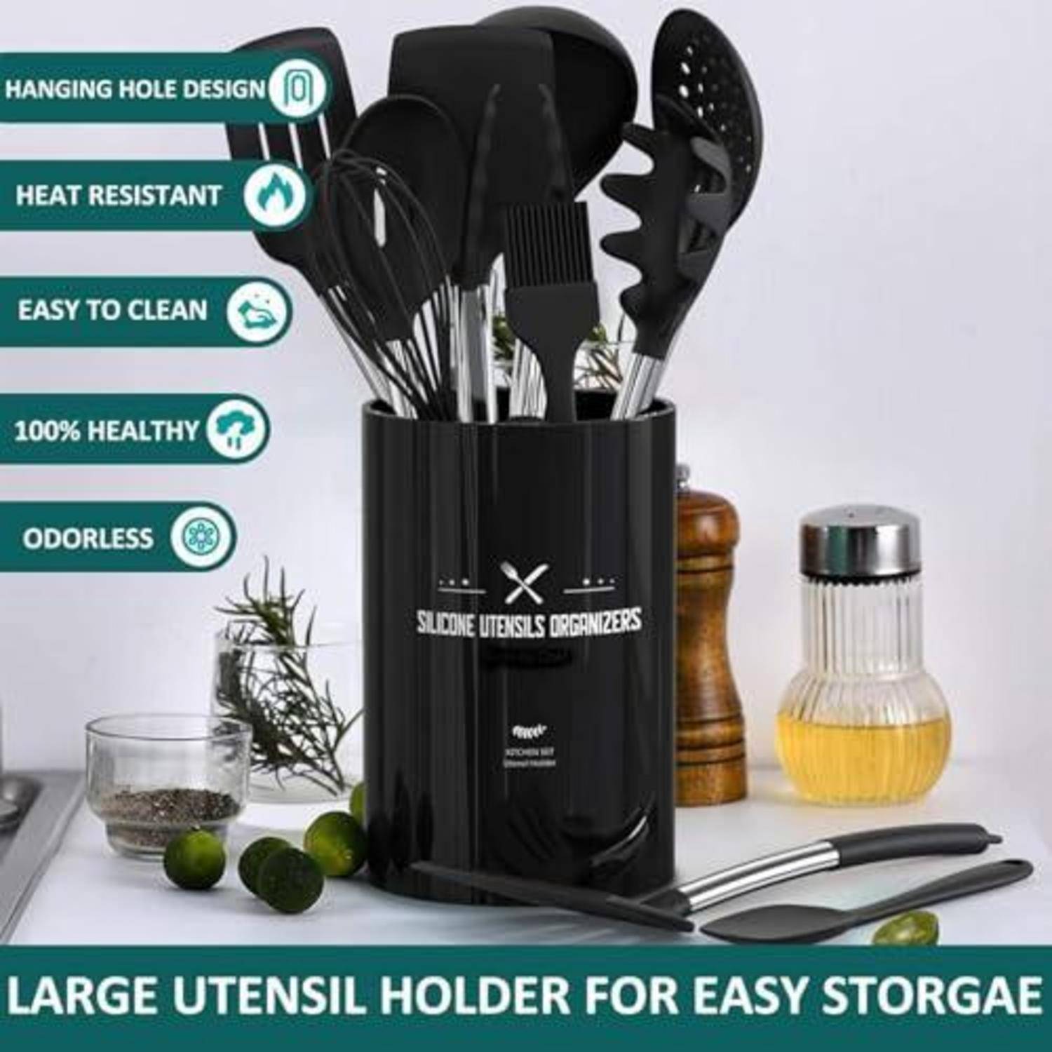 Werbebild eines schwarzen Silikonbesteckhalters gefüllt mit Kochutensilien, mit Funktionshinweisen: Aufhängelochdesign, hitzebeständig, leicht zu reinigen, 100% gesund, geruchlos, und Text „Großer Besteckhalter für einfache Lagerung