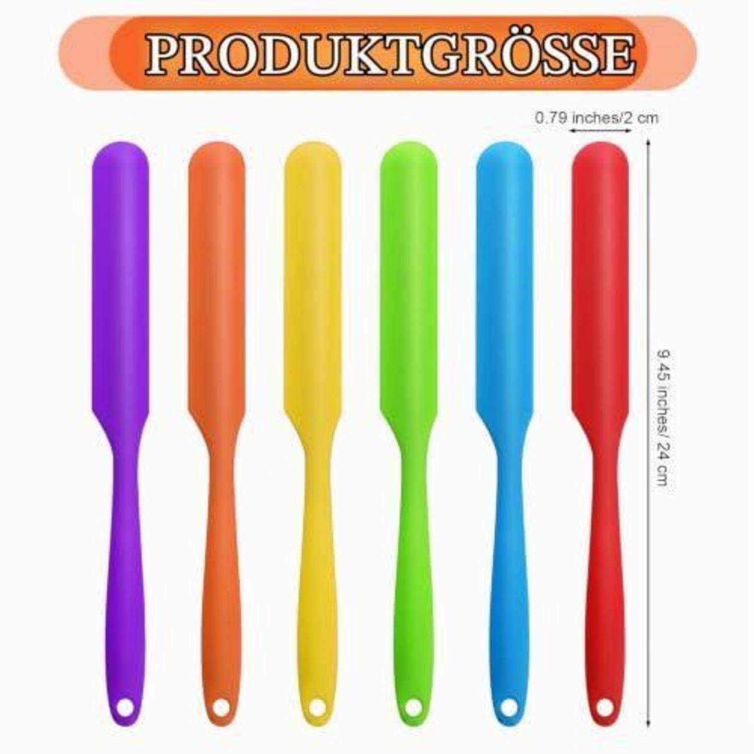 Produktgrößentabelle mit sechs bunten Lollipops mit der Bezeichnung „PRODUKTGRÖSSE