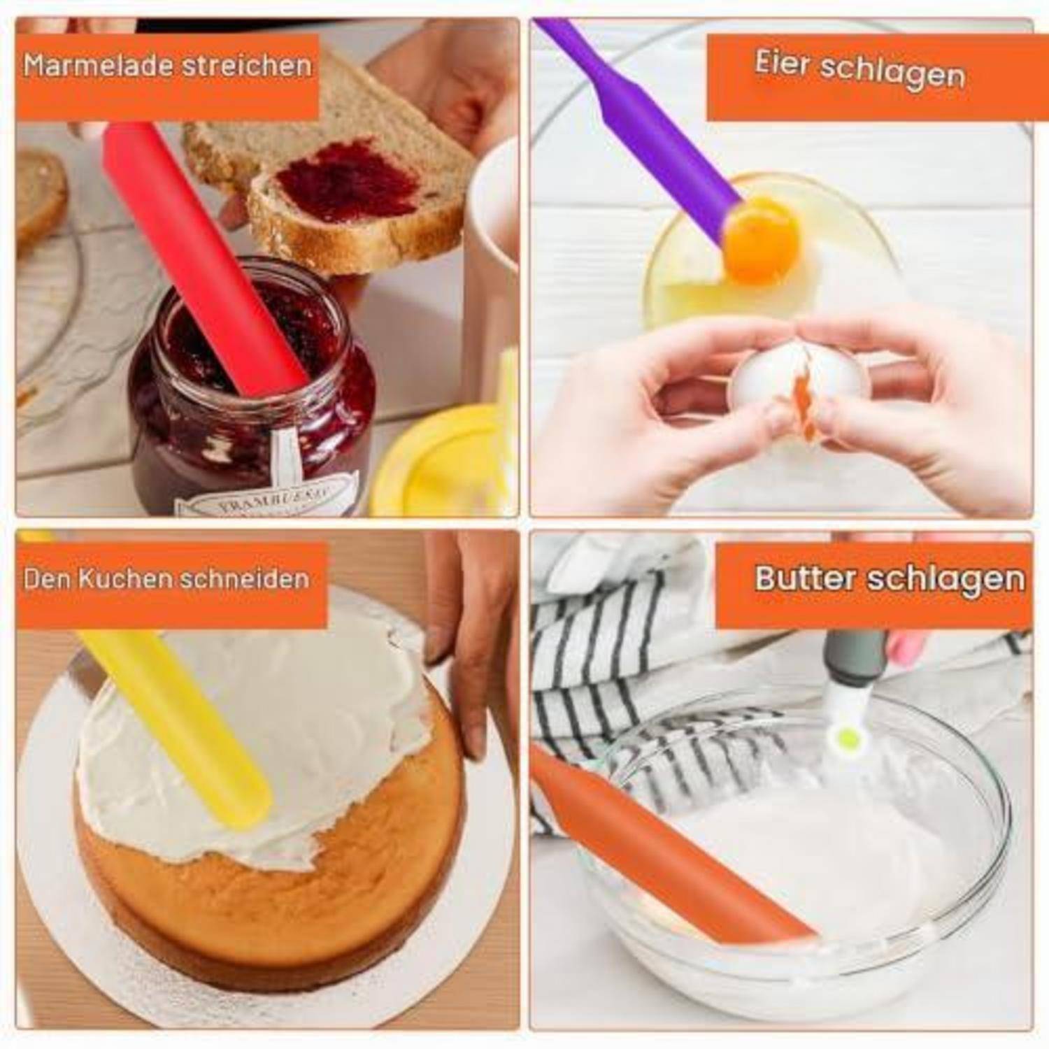 Vierteiliges Kochcollage mit deutschen Beschriftungen der Aktionen: Marmelade ausbreiten, Eier aufschlagen, Kuchen schneiden und Butter schlagen.