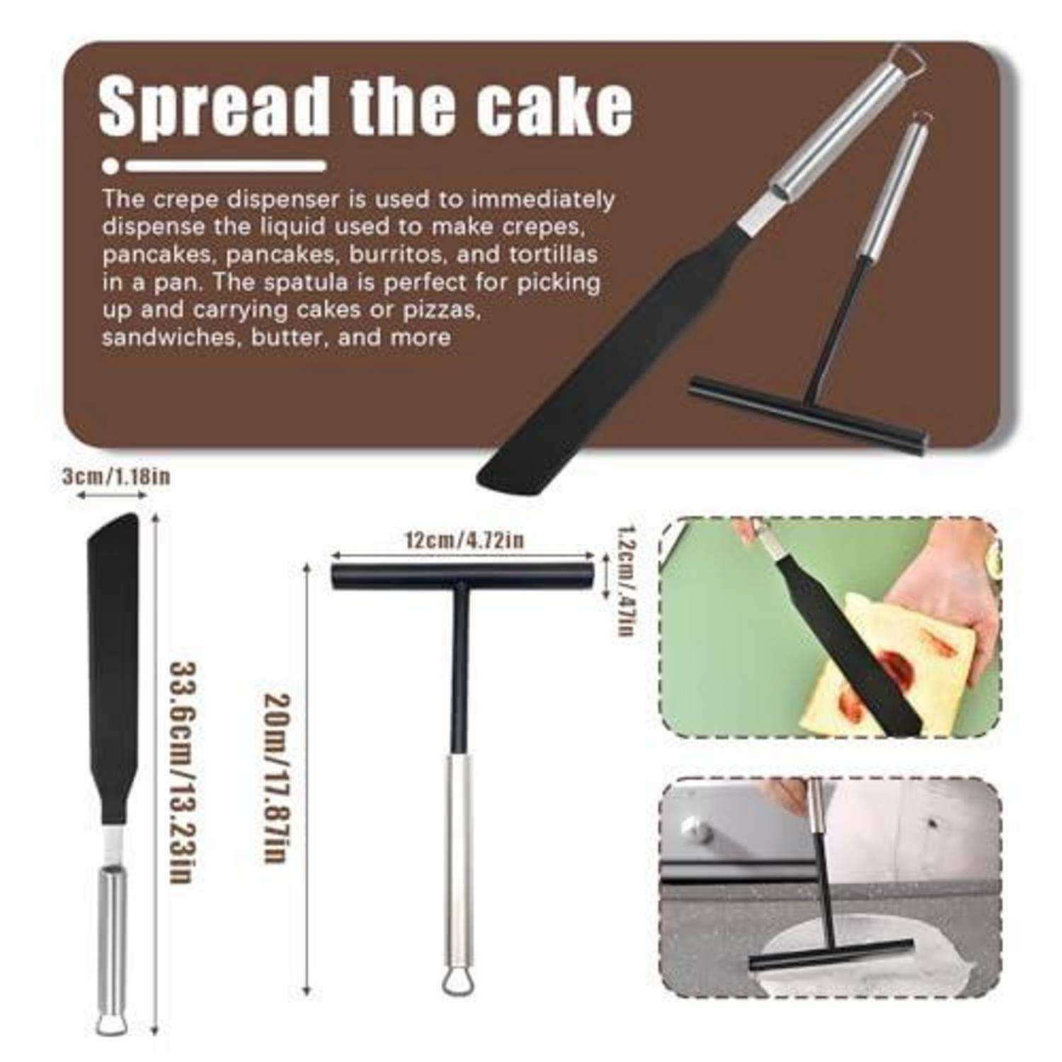 Produktgrafik für einen Crêpe-Spender und T-förmigen Spatel, mit der Bezeichnung „Spread the cake