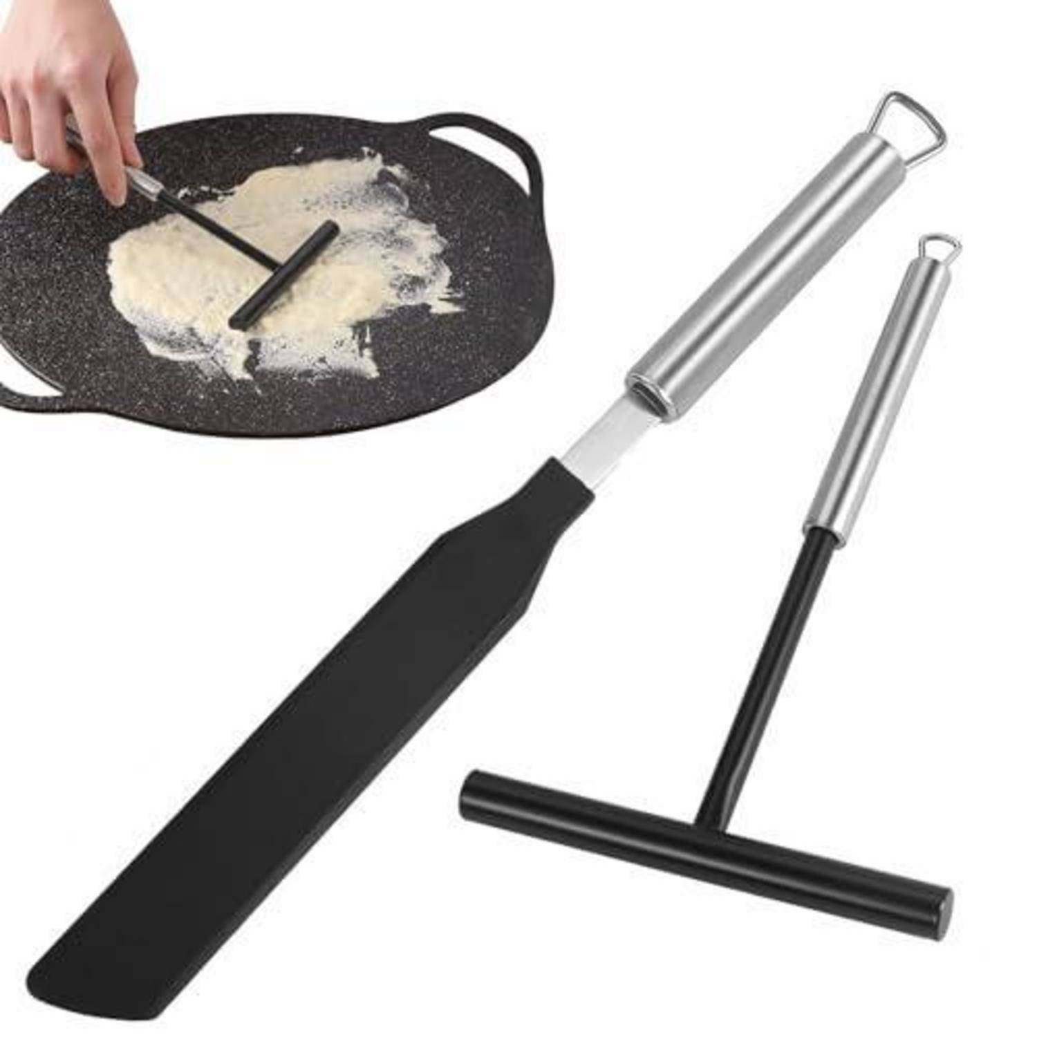Satz von Flachplattengrill-Werkzeugen: ein Spatel, ein Schaber und ein Teigschneider, mit einer Detailansicht einer Hand, die Teig auf einem Grill abschabt.