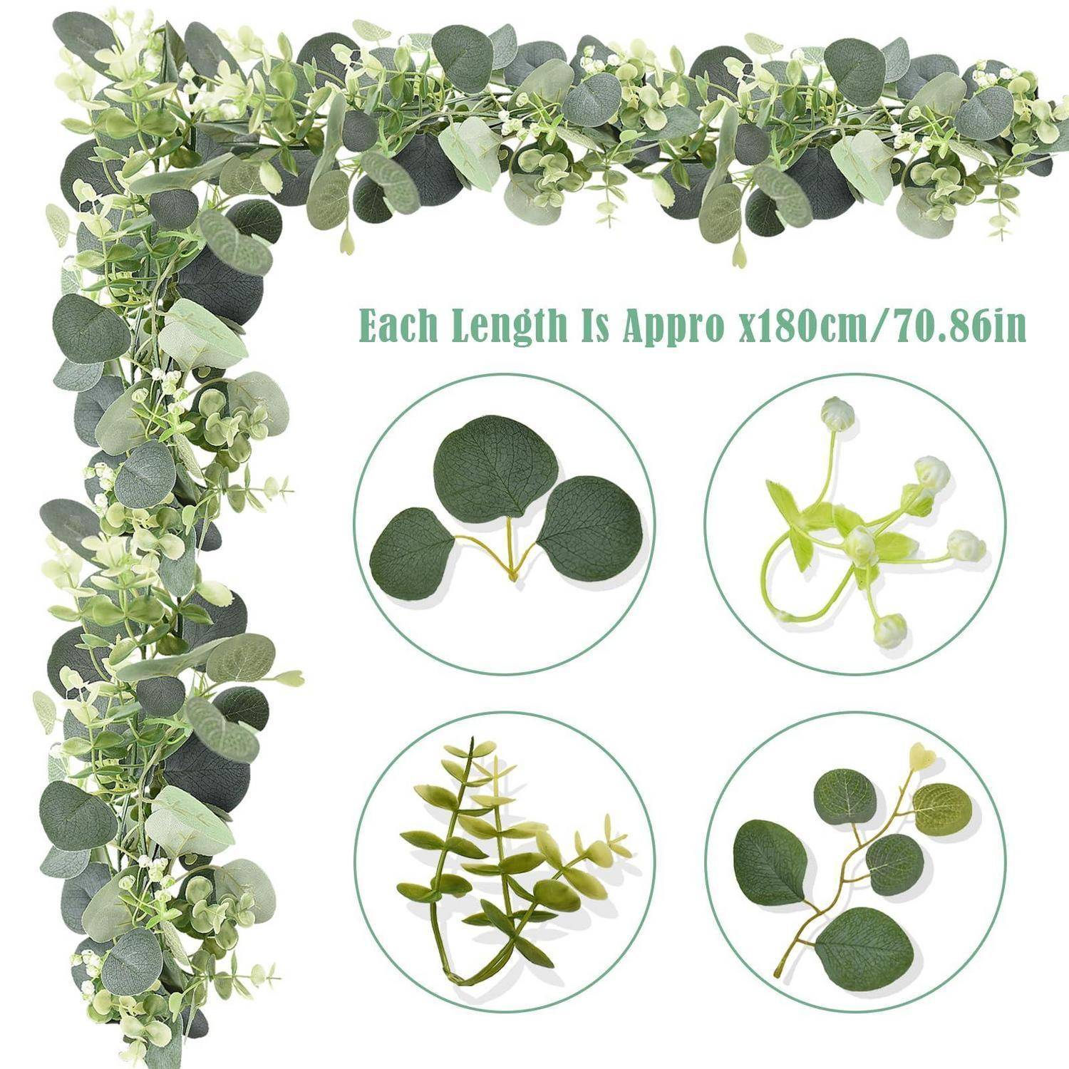 Künstliche Eukalyptus-Girlande gezeigt, um die Kanten gewickelt, mit Produkttext „Jede Länge beträgt ca. 180 cm / 70,86 Zoll" und vier Nahaufnahmen von Blattdetails.