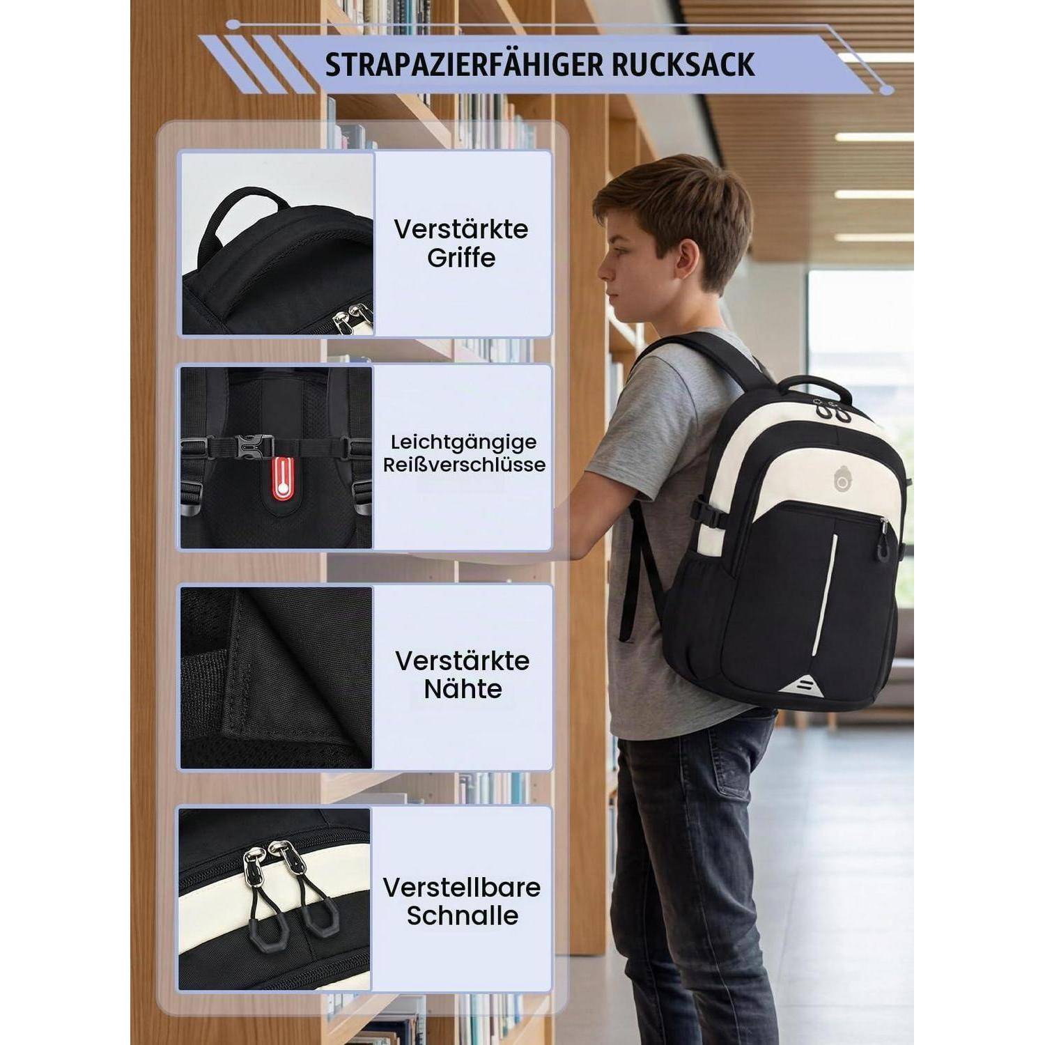 Werbegra﻿fik eines strapazierfähigen Rucksacks auf einem Jungen, mit deutschen Beschriftungen, die verstärkte Griffe, glatte Reißverschlüsse, verstärkte Nähte und verstellbare Schnallen hervorheben.