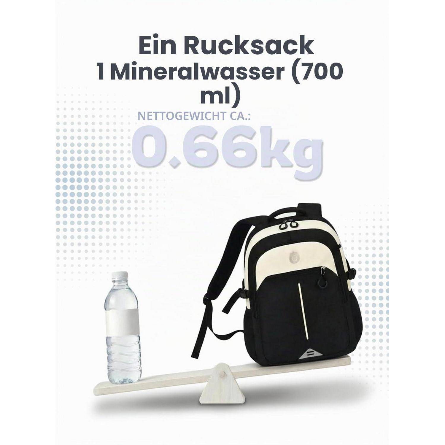 Produktgrafik mit einem Rucksack, der gegen eine 700-ml-Wasserflasche ausgewogen ist, mit dem Text „Ein Rucksack 1 Mineralwasser (700 ml)" und dem Nettogewicht „0,66 kg"".