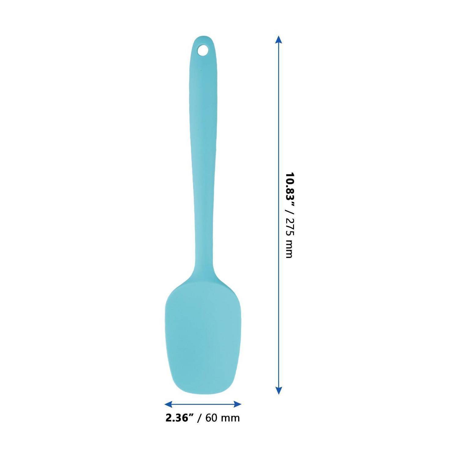 Hellblaue Silikonspatel mit Abmessungen: 10,83 Zoll (275 mm) lang und 2,36 Zoll (60 mm) breit.