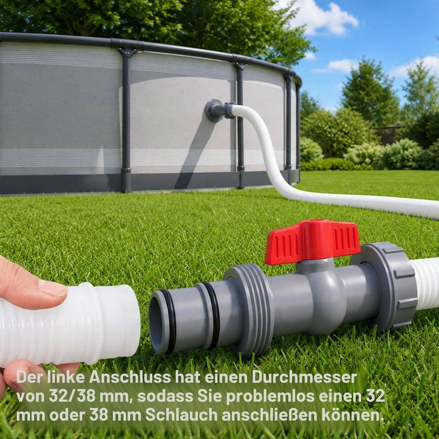 Oberirdischer Pool mit einer Pumpen-Schlauchverbindung; eine Hand hält einen weißen Schlauch in der Nähe eines grauen Ventils, mit deutschem Text, der darauf hinweist, dass die linke Verbindung für 32/38 mm Schläuche geeignet ist.