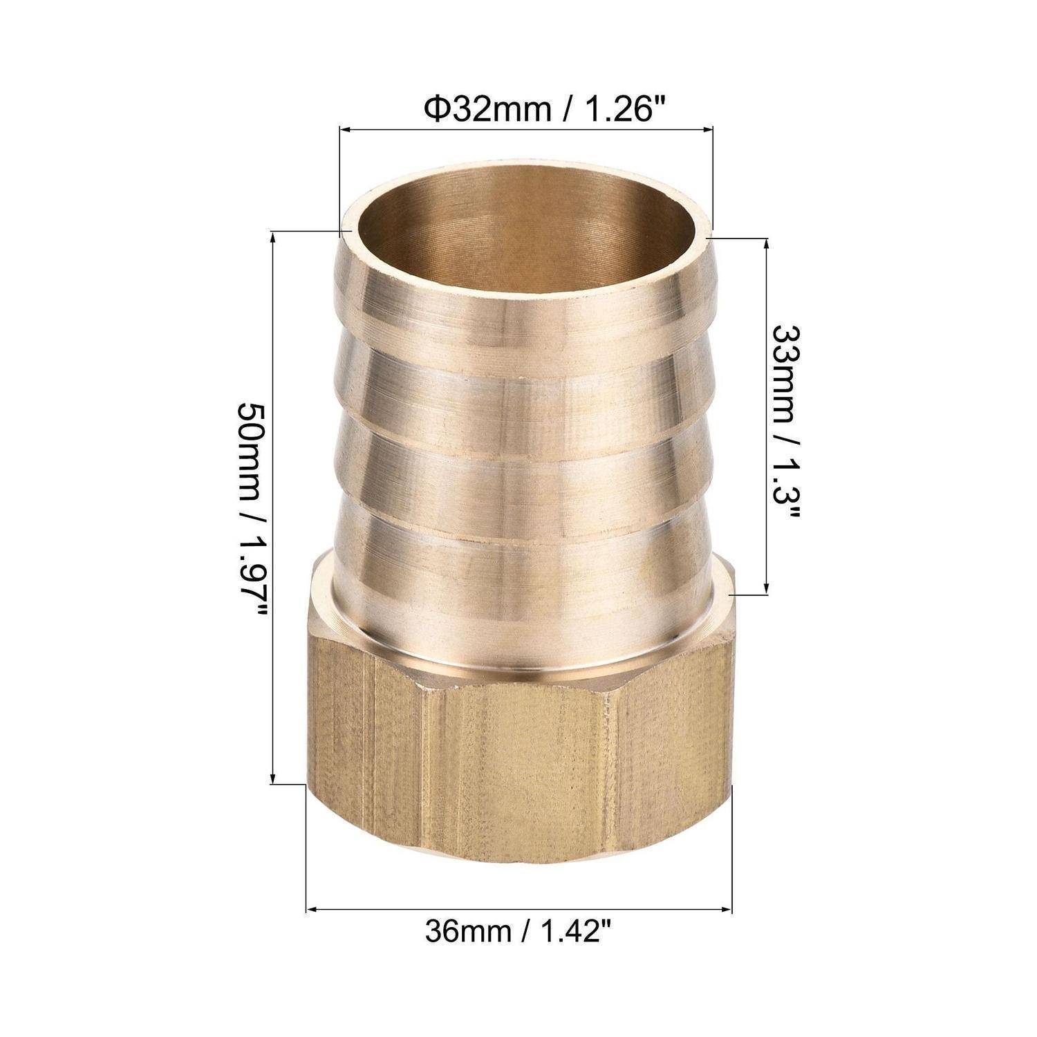 Messingschlauchstutzen-Fitting mit folgenden Abmessungen: 32 mm oberer Durchmesser, 33 mm Nippelzahnlänge, 50 mm Gesamthöhe und 36 mm Basisbreite.
