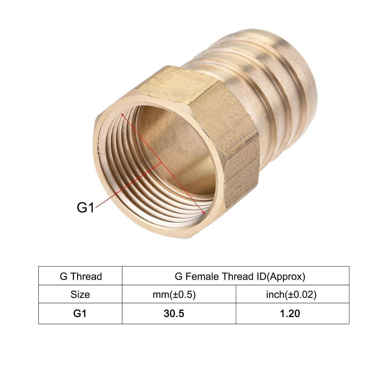 Messing G1 Schlauchverbinder mit Innengewinde und gekennzeichneten Abmessungen: 30,5 mm Innendurchmesser, ungefähr 1,20 Zoll.