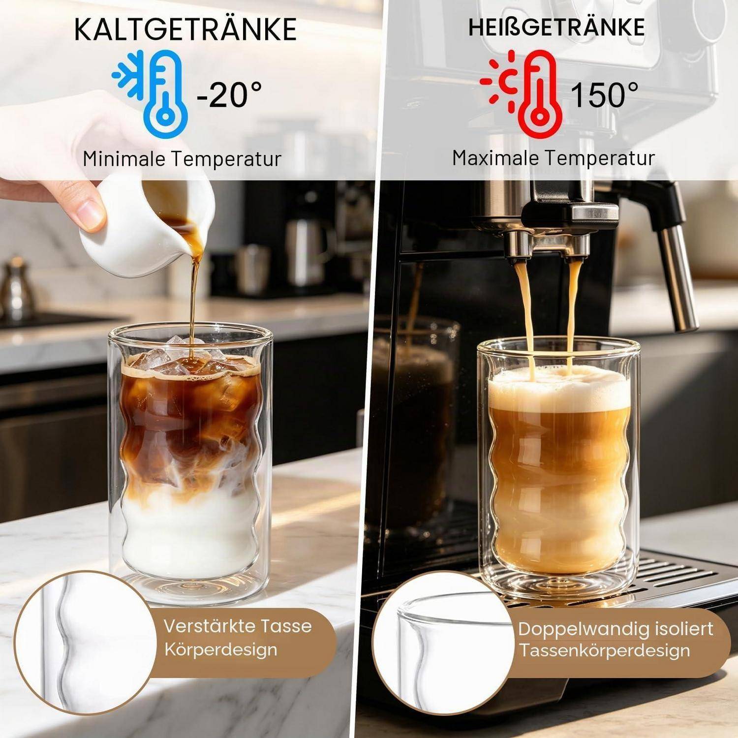 Geteiltes Bild zum Vergleich von isolierten Trinkgläsern: links für Kaltgetränke, 'Kaltgetränke' minimale Temperatur -20°; rechts für Heißgetränke, 'Heißgetränke' maximale 150°, mit Doppelwand-Becherdesign.