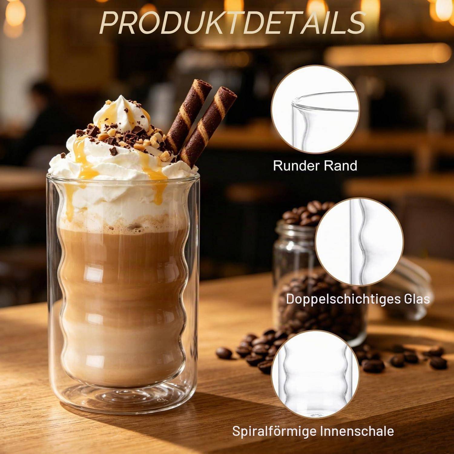 Geschichtetes Kaffeegetränk in einem klaren doppelwandigen Glas, garniert mit Schlagsahne und Waffelrollen; beschriftete Details zeigen einen runden Rand, doppelwandiges Glas und eine spiralförmige innere Schale.