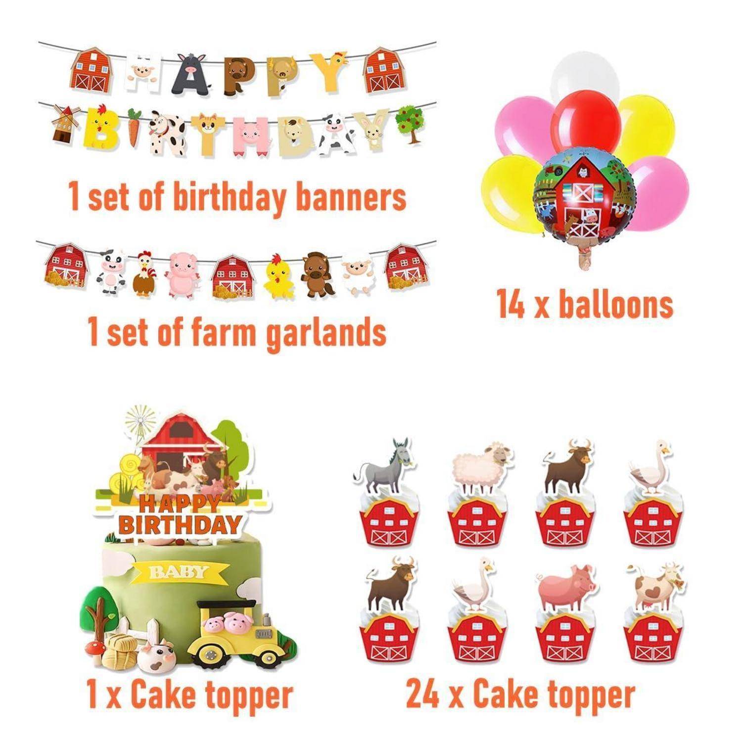 Partydekoration-Set mit "Alles Gute zum Geburtstag""-Banner, Bauernhof-Girlande, 14 Luftballons, Baby-Tortendeko und 24 Bauernhof-Tiertortendekos.