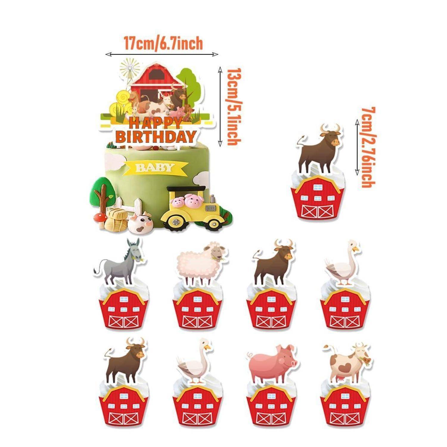 Satz von bauernhof-thematischen Geburtstagskuchen-Topper-Dekorationen, einschließlich eines „Happy Birthday"-Scheunenkuchens und kleiner Tier-Cupcake-Topper, mit Größenangaben in cm/Zoll.