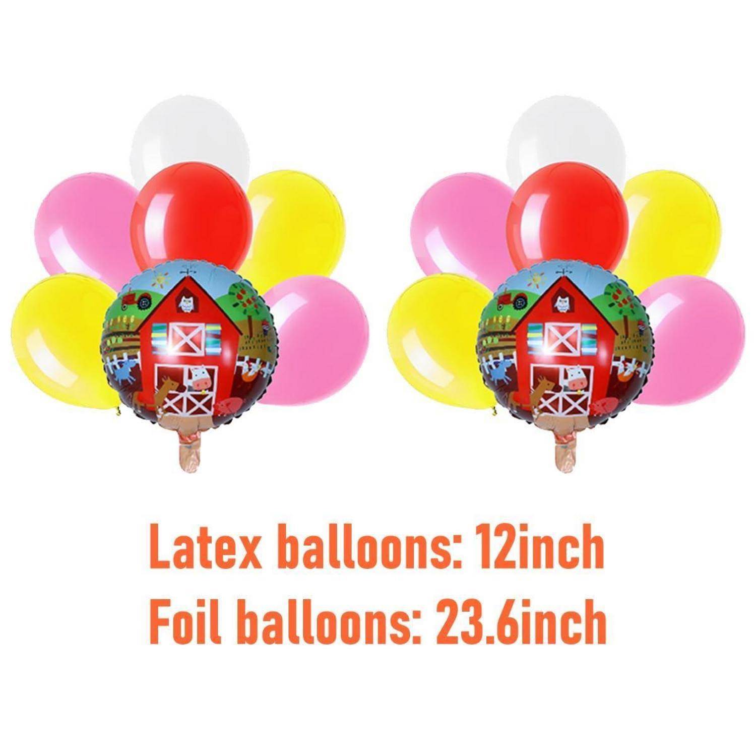 Zwei Ballongestecke mit einem bauernhofthematischen Folienballon, beschriftet mit „Latexballons: 12 Zoll" und „Folienballons: 23,6 Zoll"".
