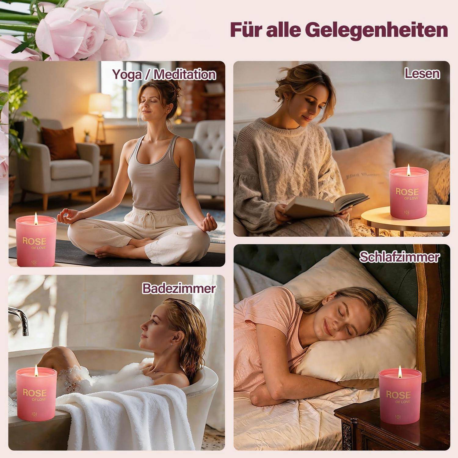 Collage zur Bewerbung einer rosa 'ROSE'-Kerze für alle Gelegenheiten, gezeigt in Yoga-/Meditationsräumen, beim Lesen, im Badezimmer und im Schlafzimmer.