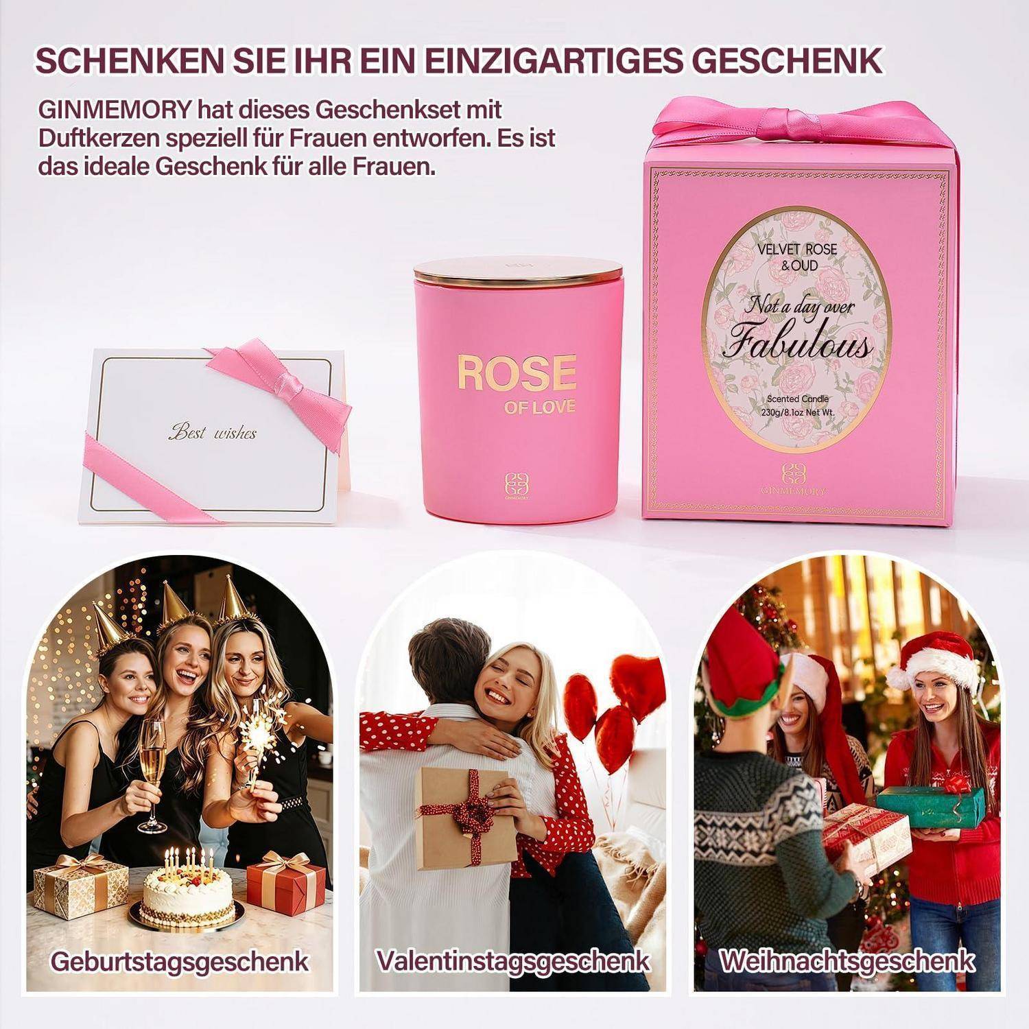Werbegeschenkset mit rosafarbenen duftkerzen und einer Grußkarte mit der Aufschrift „Alles Gute", präsentiert als geeignet für Geburtstags-, Valentinstags- und Weihnachtsgeschenke.