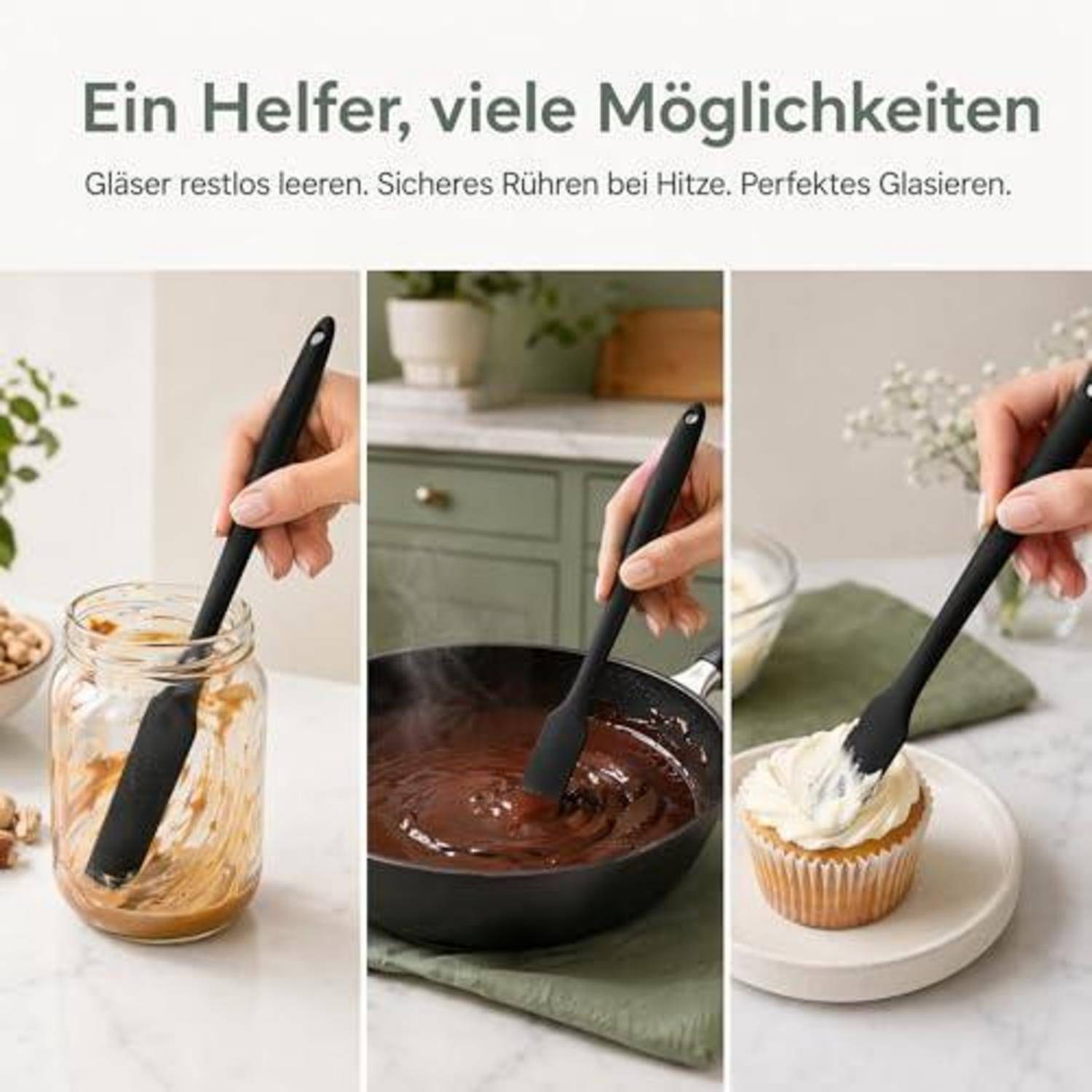 Werbebild eines schwarzen Silikon-Spachtels, der zum Ausschlecken eines Glases, zum Umrühren von geschmolzener Schokolade und zum Auftragen von Glasur verwendet wird; der Text lautet „Ein Helfer, viele Möglichkeiten