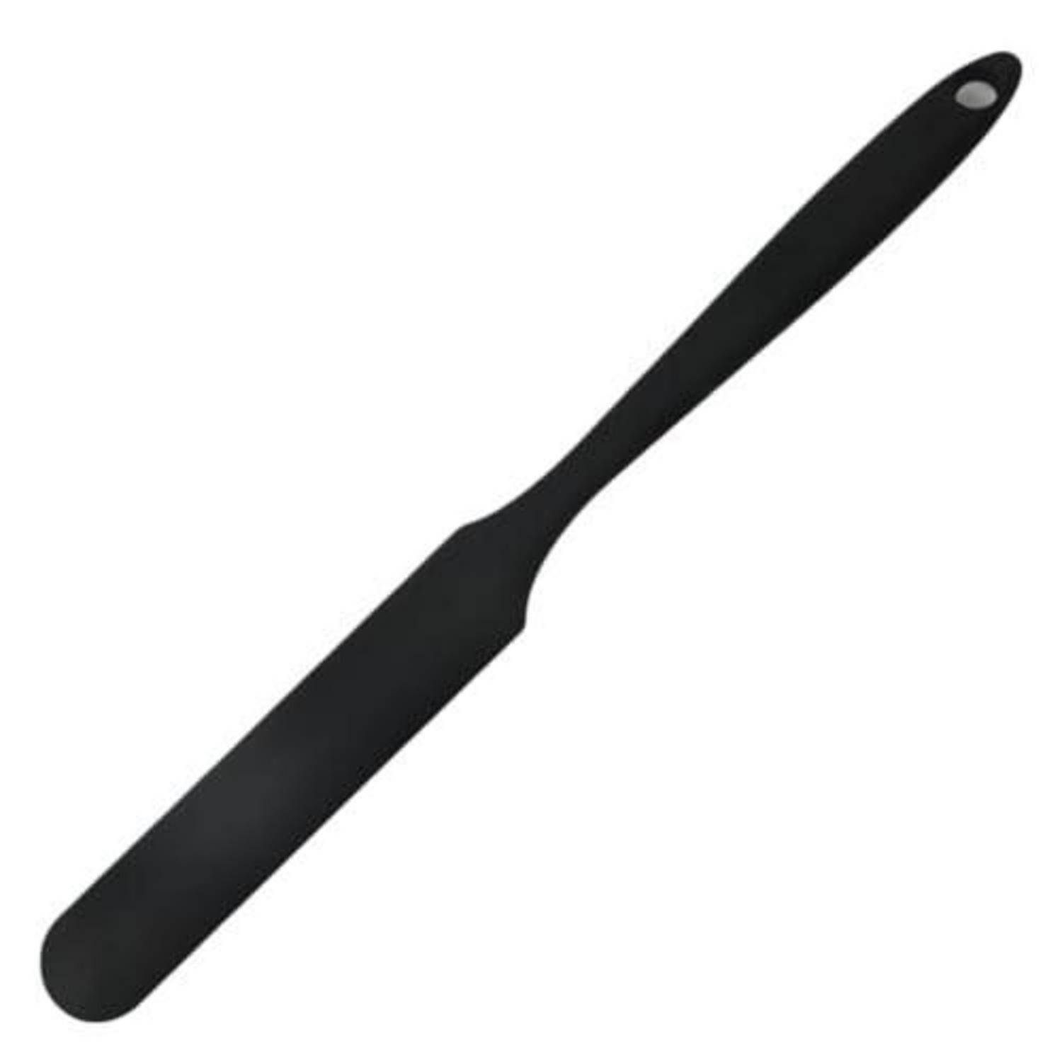 Schwarze Silikonspachtel mit langem Griff und Aufhängeloch, auf weißem Hintergrund dargestellt.