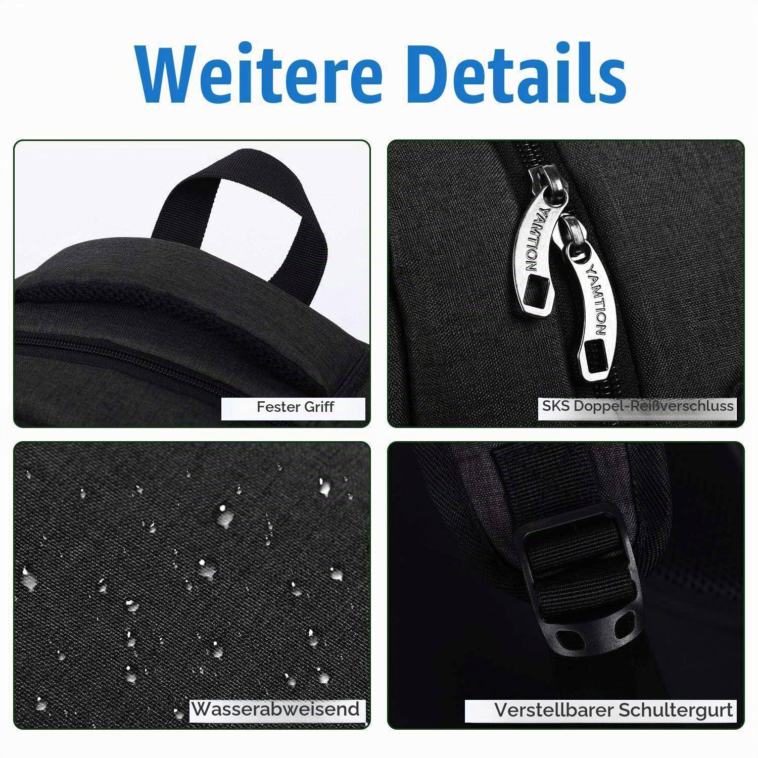 Produktdetailbild, das den stabilen Griff eines Rucksacks, die doppelten Reißverschlüsse, den wasserabweisenden Stoff und den verstellbaren Schultergurt zeigt.