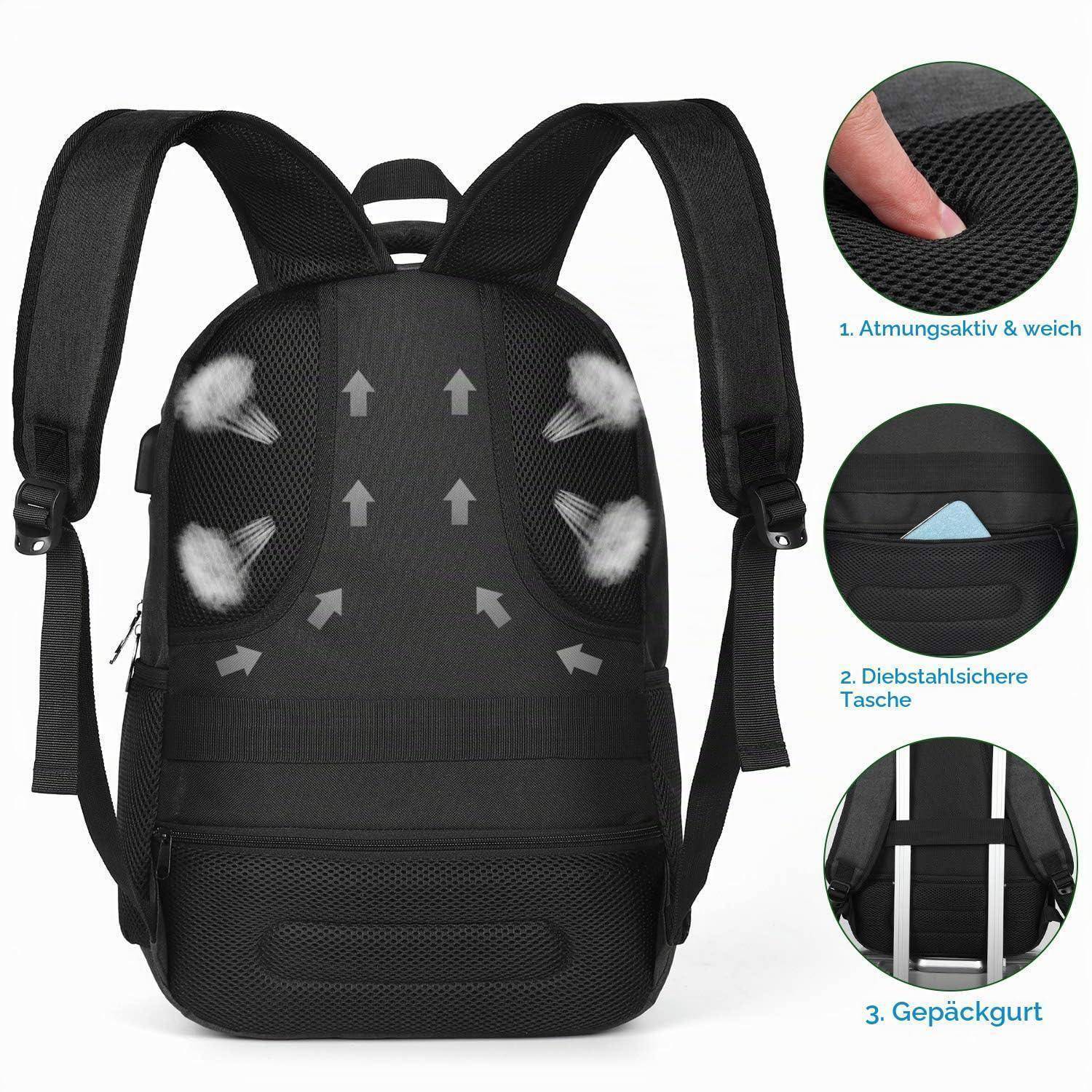 Schwarzer Rucksack mit belüftetem Rückenpolster, versteckter Tasche und Gepäckgurt, dargestellt mit Nahaufnahmen, die atmungsaktives Gewebe, diebstahlsichere Tasche und Ausrüstungsgurt beschriften.