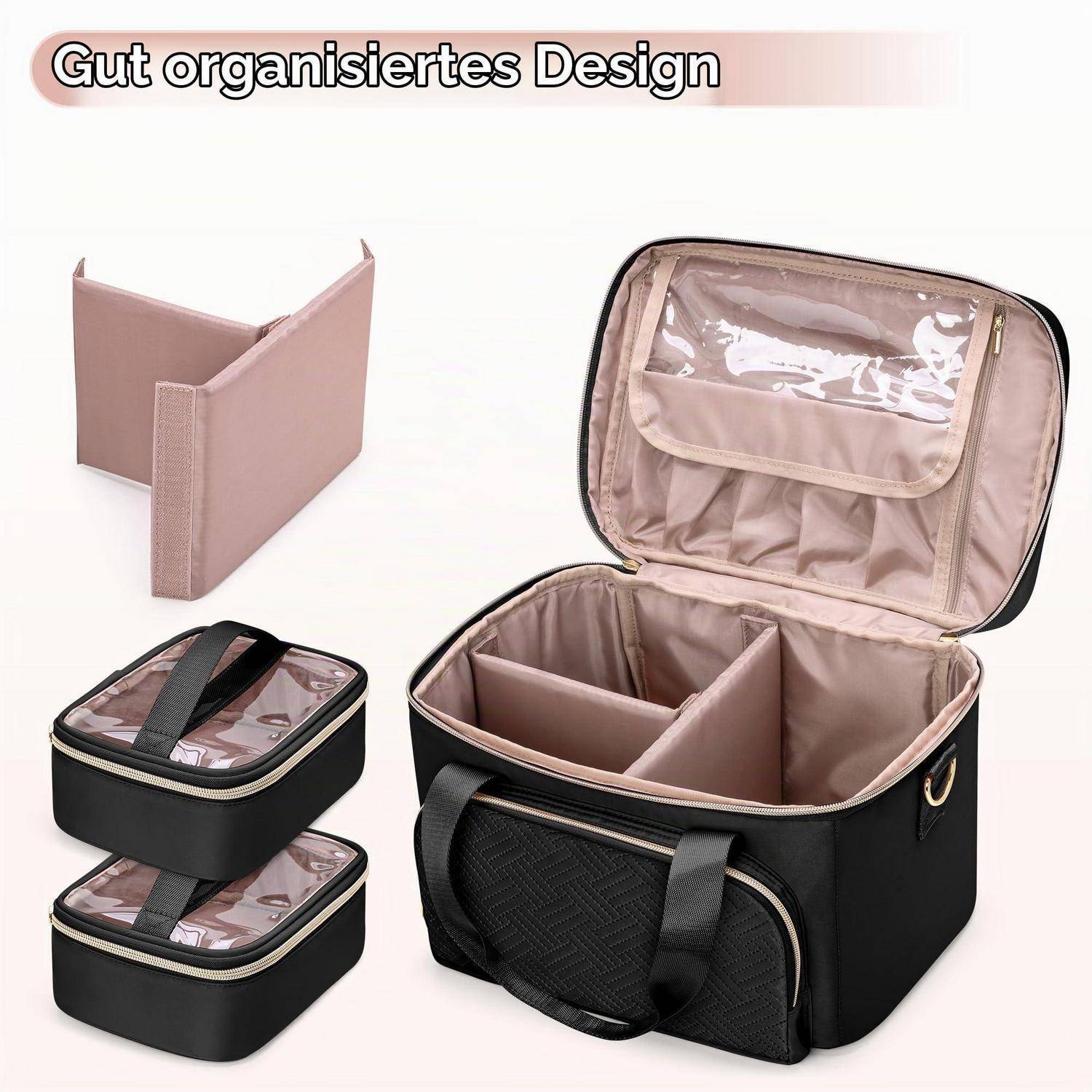 Collage eines schwarzen organisierten Aufbewahrungsbeutels mit abnehmbaren Trennwänden, das innere Taschen und separate gefaltete Einsätze zeigt; der Text lautet „Gut organisiertes Design".