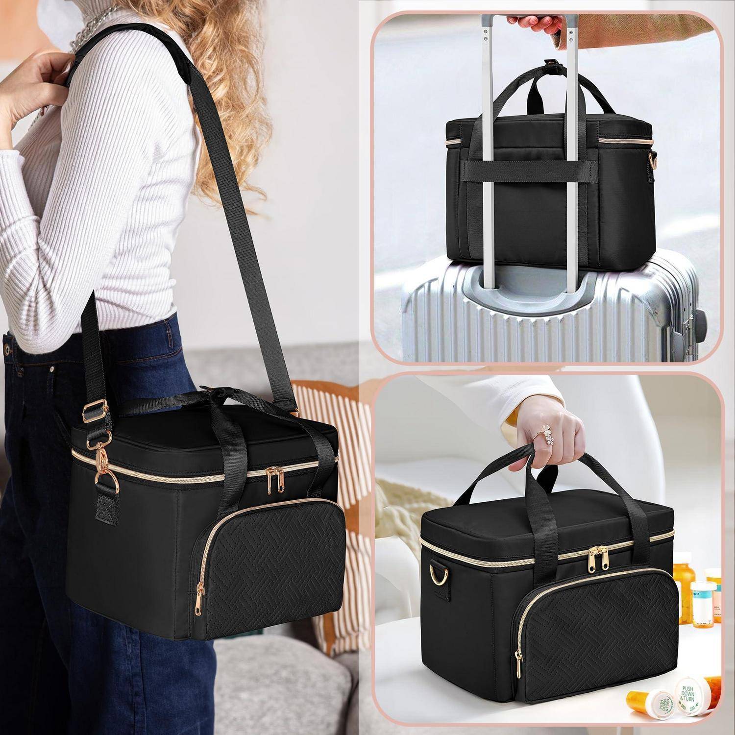 Schwarze Reisetasche zum Mitnehmen mit Schultergurt und Trolleyhülle, shown getragen als Umhängetasche, an einem Koffer befestigt und in der Hand gehalten.