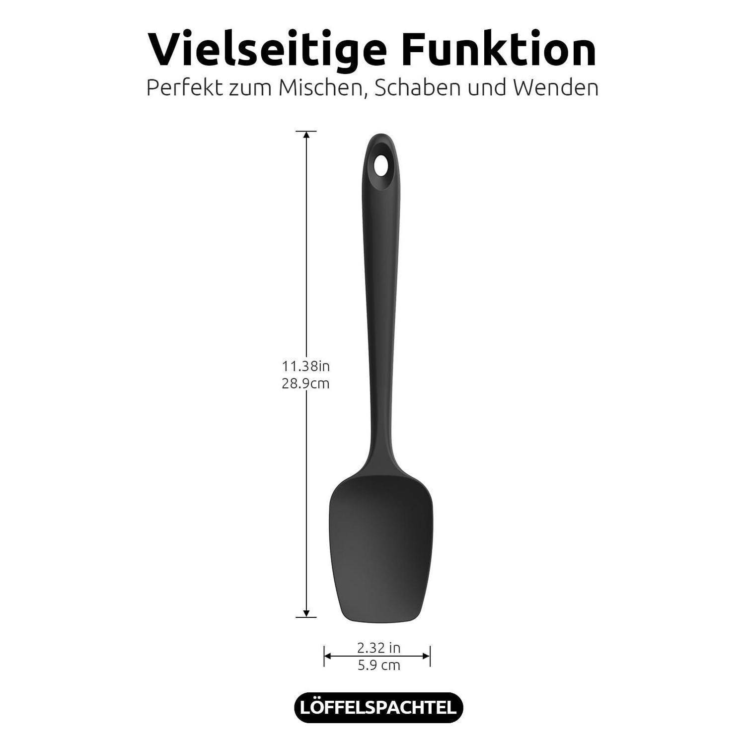 Schwarzer Silikonspatel mit langem Griff; gekennzeichnet mit „Vielseitige Funktion