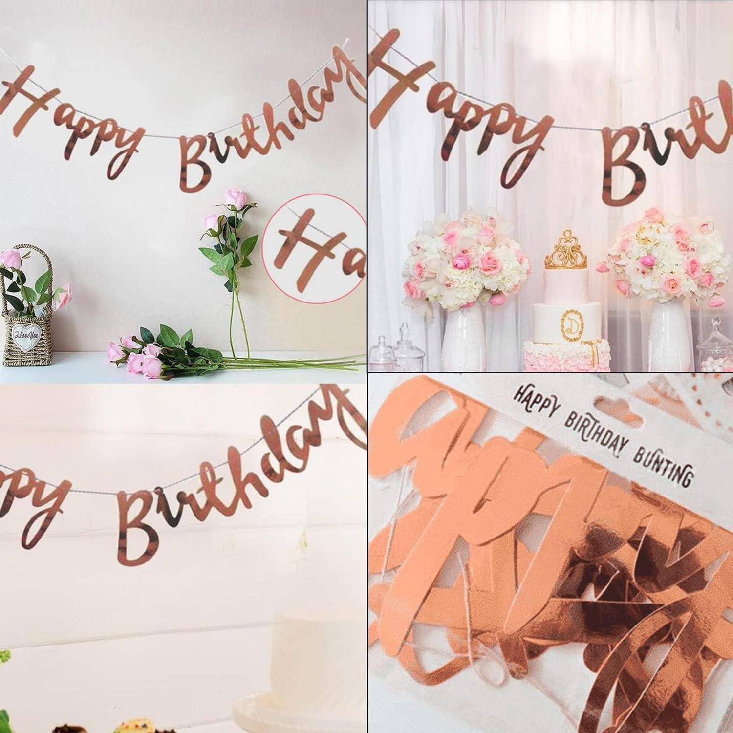 Collage aus Kupfer- und Roségold-'Alles Gute zum Geburtstag'-Wimpelketten, die als Partyhintergrund verwendet werden, gezeigt mit Blumen, einem Kuchen und dekorativen Tischaufbauten.