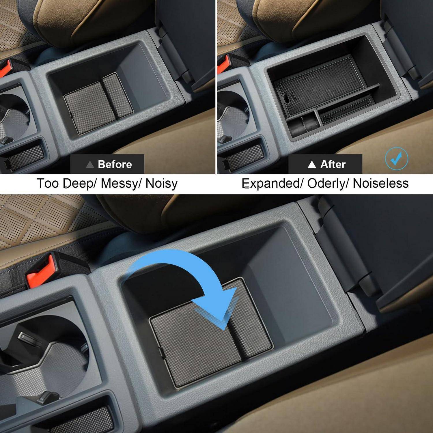 Mittelkonsolen-Organizer für das Auto – vorher und nachher: tiefe, ungeordnete Ablage ersetzt durch ein erweitertes, ordentliches, leiseres Tablett mit Fächern.