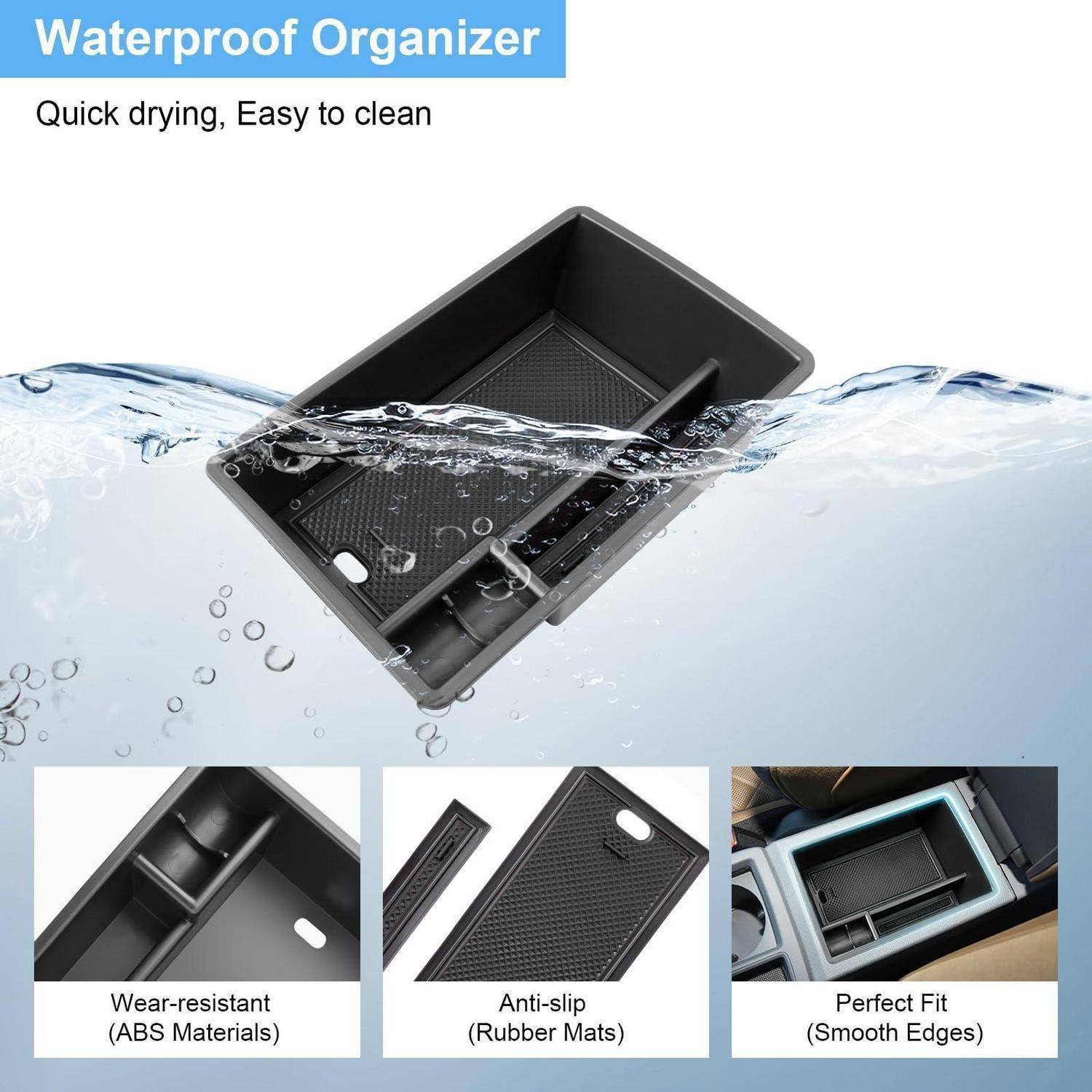 Wasserdichte Organizer-Schale in Wasser dargestellt mit Text „Schnelltrocknend, Leicht zu reinigen"; Detailaufnahmen zeigen verschleißfestes ABS, rutschfeste Gummimatten und perfekte Passform für eine Autokonsole.