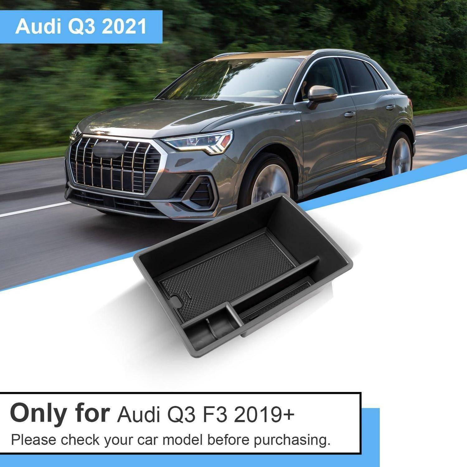 Audi Q3 2021 gezeigt mit einer Mittelkonsolen-Ablage-Einsatz; Text besagt „Nur für Audi Q3 F3 2019+" und vor dem Kauf das Automodell überprüfen.