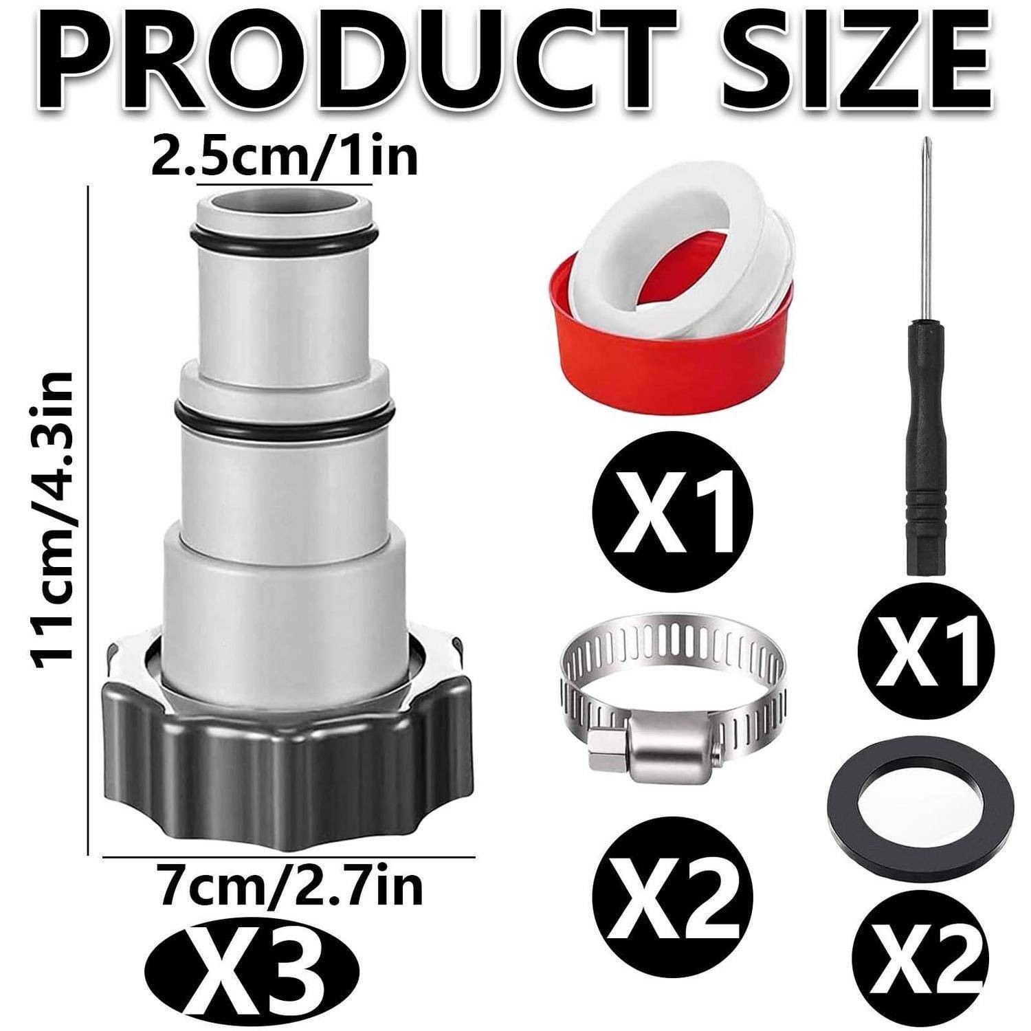Produktgrößendiagramm für einen Metalladapter: 11 cm/4,3 Zoll hoch und 7 cm/2,7 Zoll breit, mit gekennzeichneten enthaltenen Teilen X1, X2 und X3.
