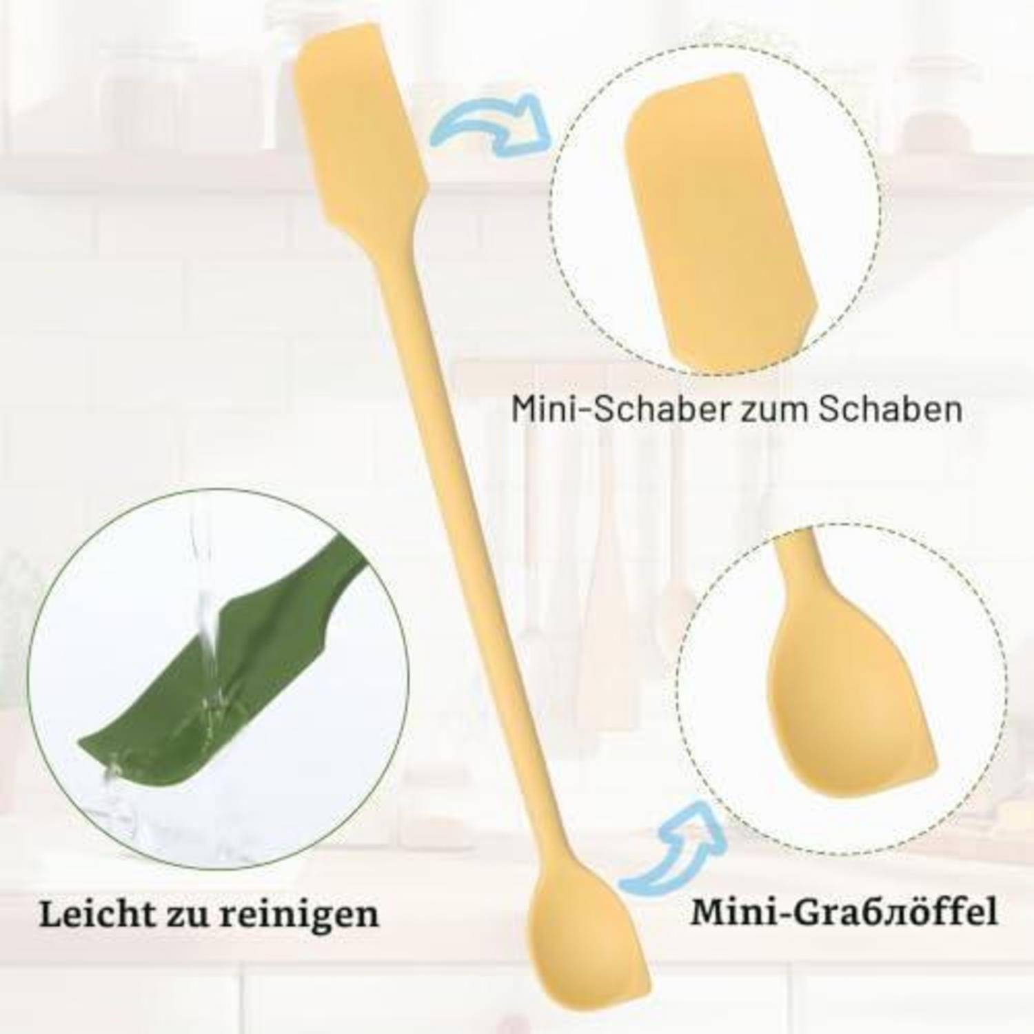 Abbildung eines gelben Silikon-Mini-Küchenspatels/Schabers mit Beschriftungen „Mini-Schaber zum Schaben