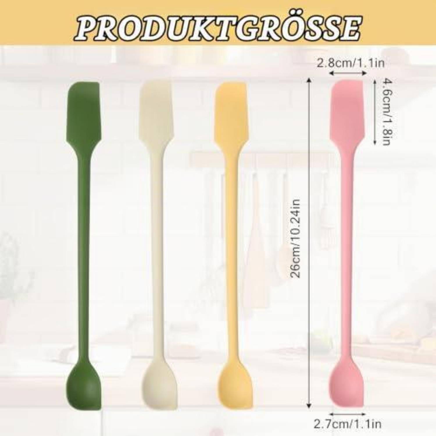 Produktgrößendiagramm mit vier langen Silikonspachteln in Grün, Creme, Gelb und Rosa, beschriftet mit „PRODUKTGRÖSSE
