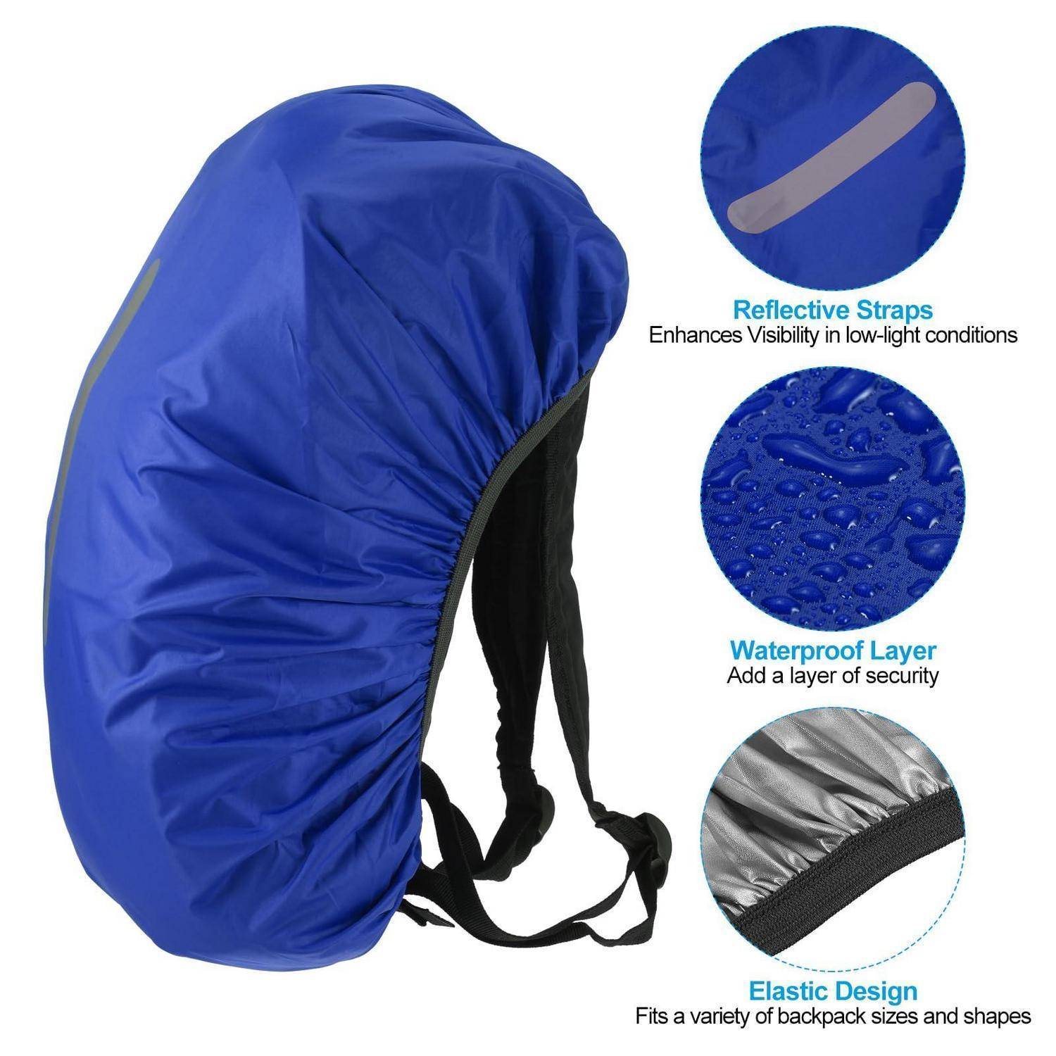 Blauer wasserdichter Rucksackregenüberzug mit Riemen, zeigt reflektierende Streifen, wasserbeständiges Material und elastische Passform für verschiedene Rucksackgrößen.
