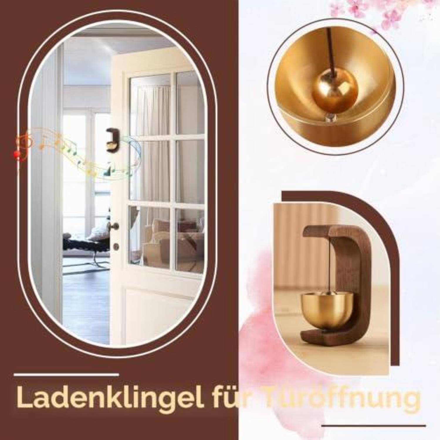 Werbegrafik für eine Türklingel, die läutet, wenn eine Tür geöffnet wird, zeigt das Gerät an einer Tür, eine Nahaufnahme der Klingel und den deutschen Text „Ladenklingel für Türöffnung